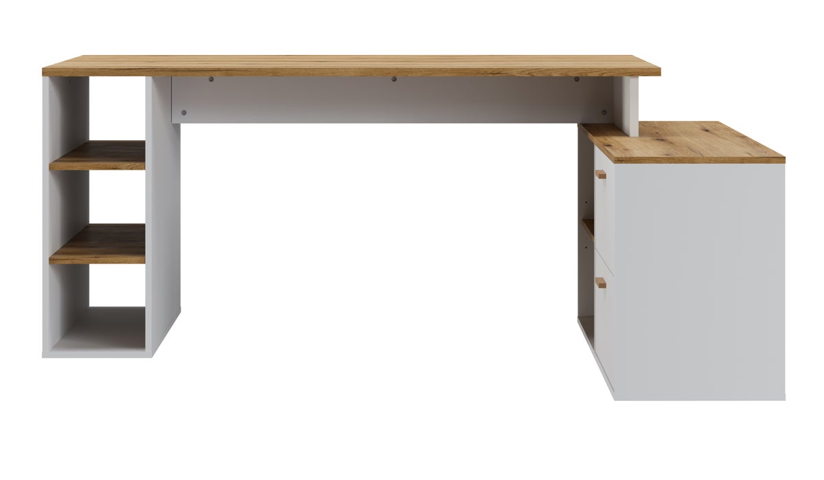 Bureau d'angle en mélamine coloris imitation chêne artisan / blanc - Longueur 183 x profondeur 141 x Hauteur 75 cm - 2
