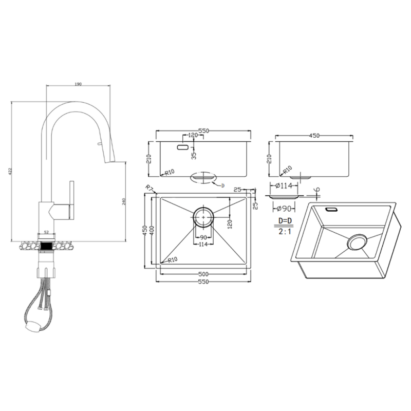 Ceramia Timeless 55x45x21 cm évier sous plan en inox 304 + mitigeur inox avec douchette extractible, cuivre brossé (TMLKSU-5545BCP-M2) - 4