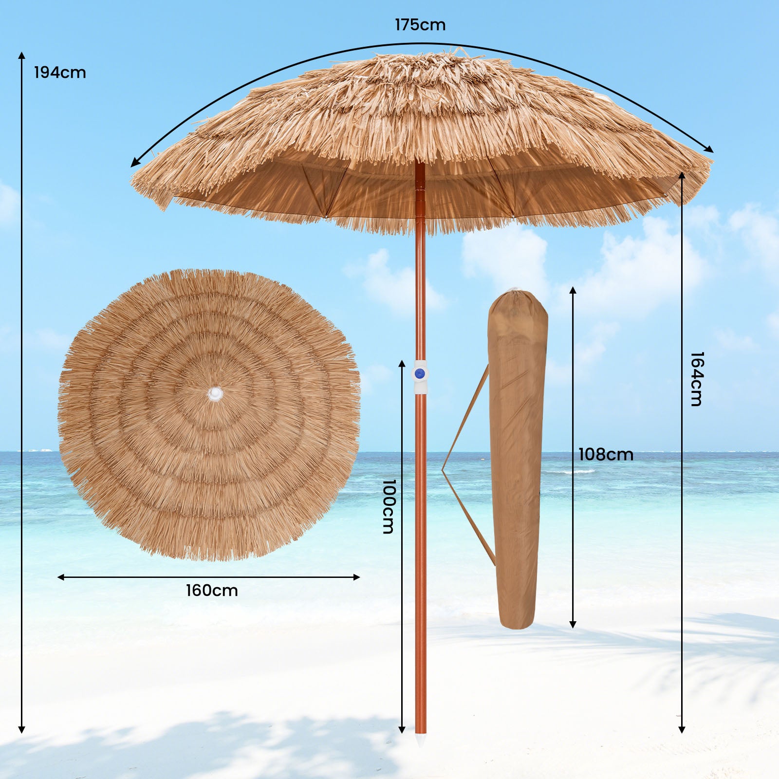 Guarda-sol de Jardin Ø175CM em Paille PE, Guarda-sol de Plage em Chaume Estilo Havaiano Inclinável 40° 8 Baleines Hauteur Réglable, Sac de Transport - 5