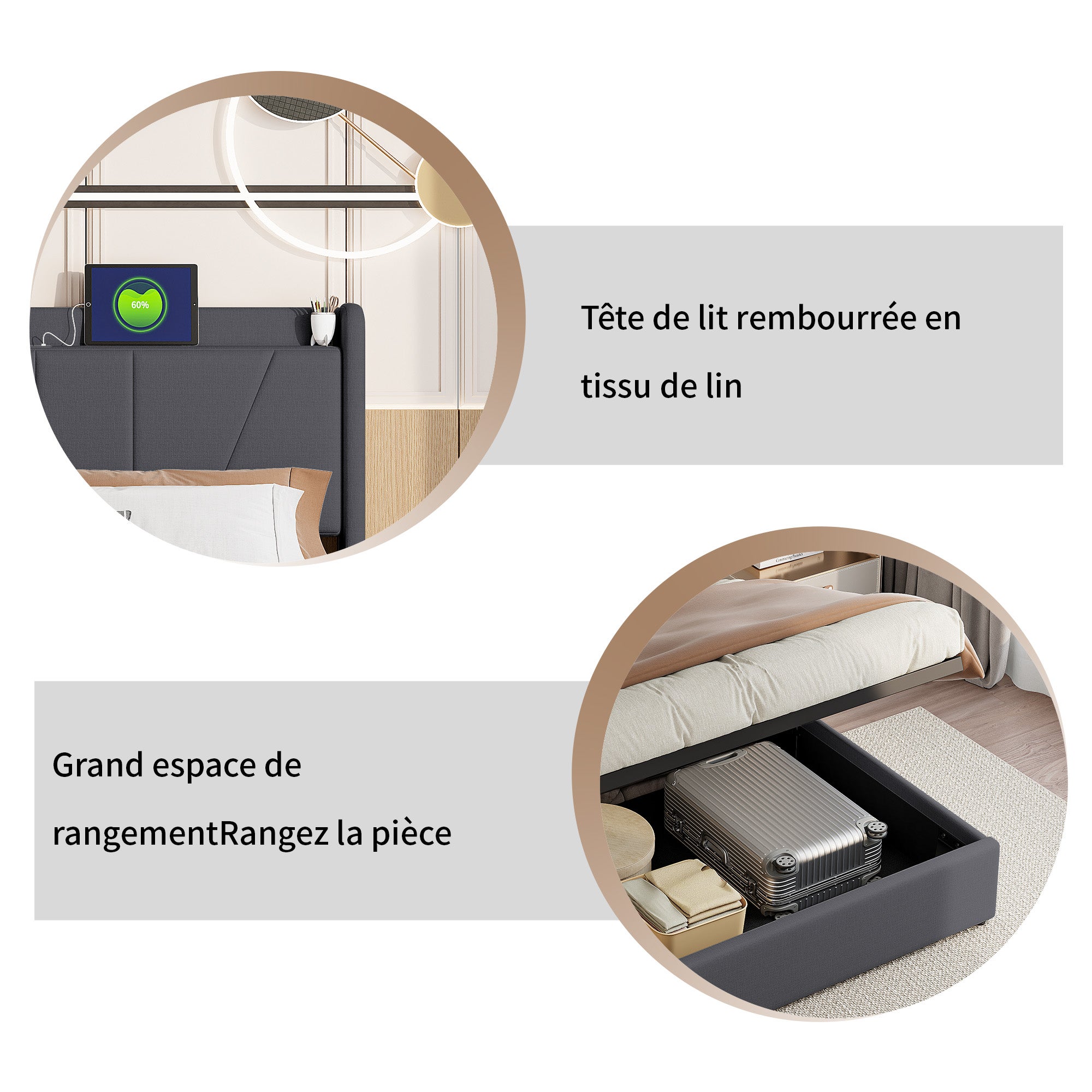 Lit Coffre 160x200 avec USB et Type C, Lit capitonné avec Sommier à Lattes, Lit Double, Gris - 3