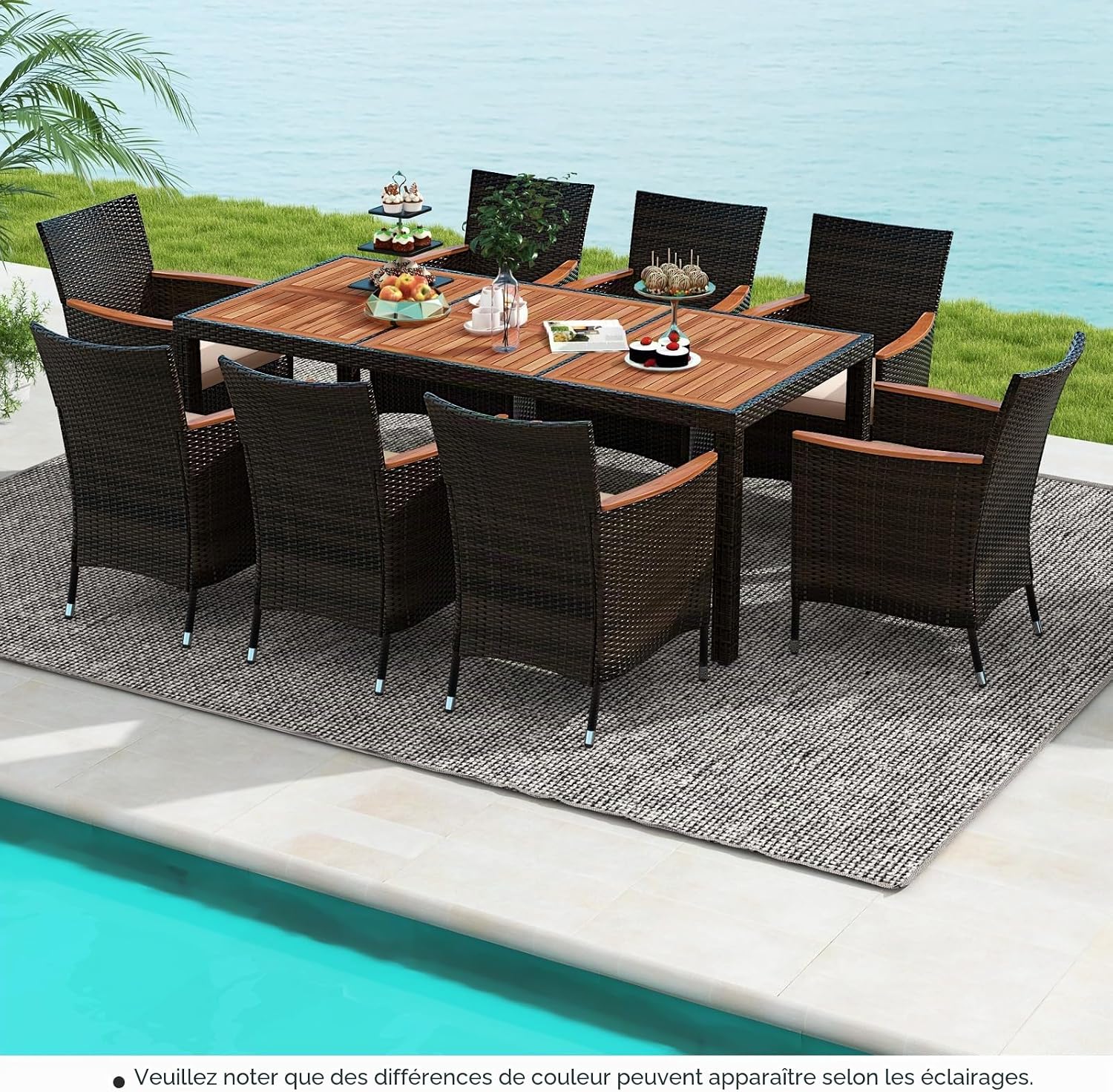 Conjunto de 1 mesa e 8 cadeiras empilháveis, com orifício para guarda-sol, conjunto de móveis de jardim em rattan com braços largos, - 9