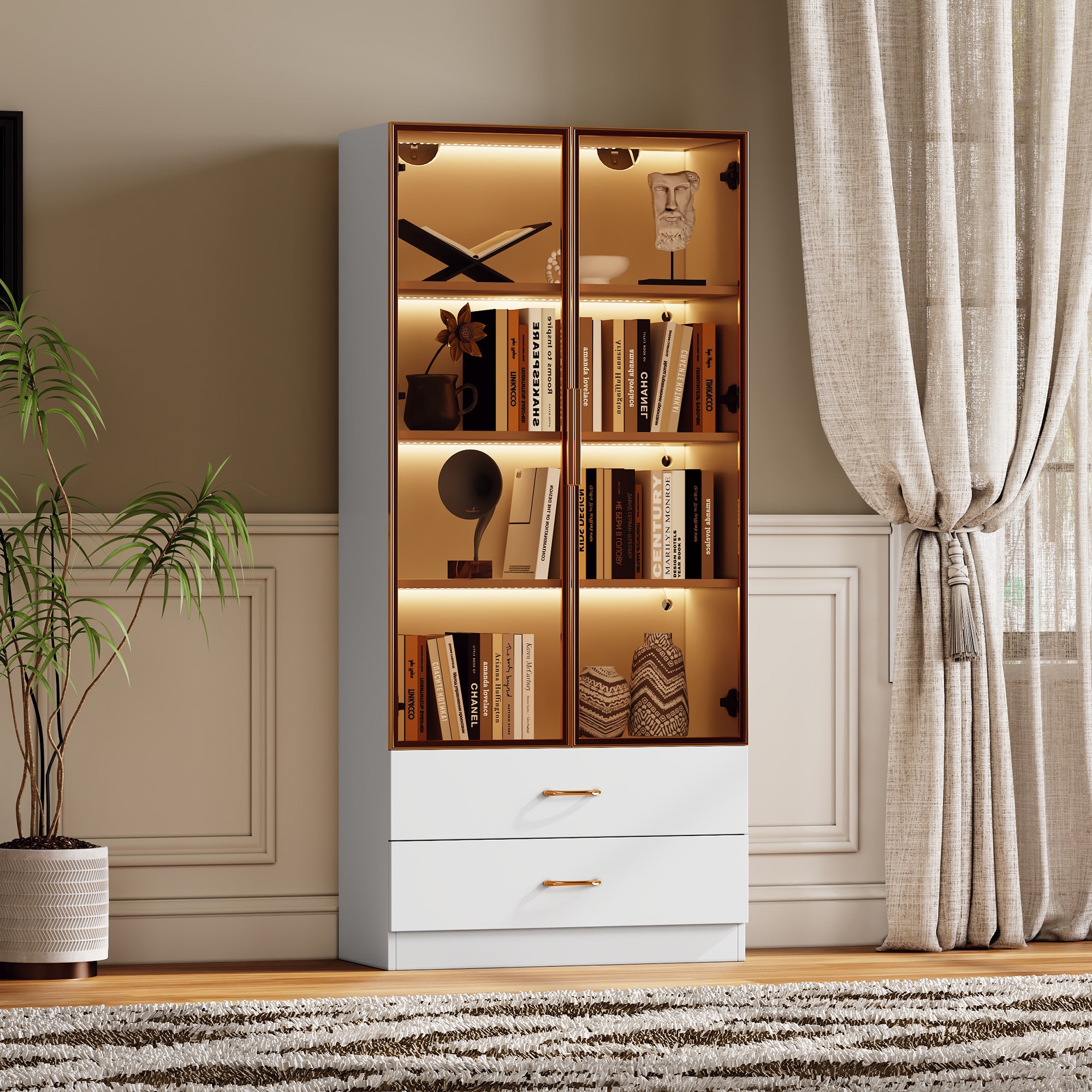 Meuble Vitrine Avec LED – 2 Tiroirs, 2 Portes En Verre, Rangement Salon/salle De Bain/chambre, 74x36x155 Cm