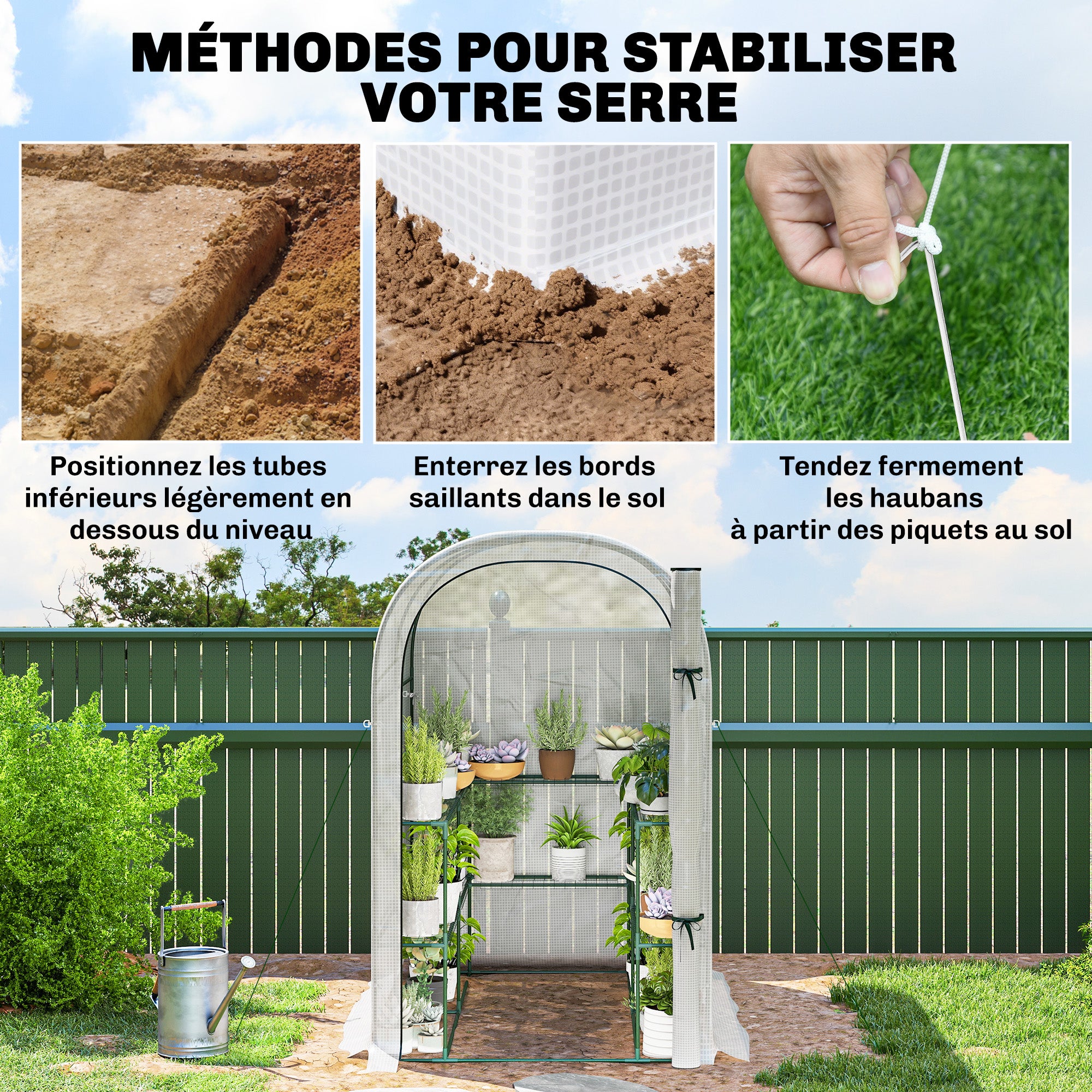 Serre de jardin avec étagères, 123x187x189cm, petite serre avec porte enroulable, bâche PE haute densité 140 g/m², blanc - 9