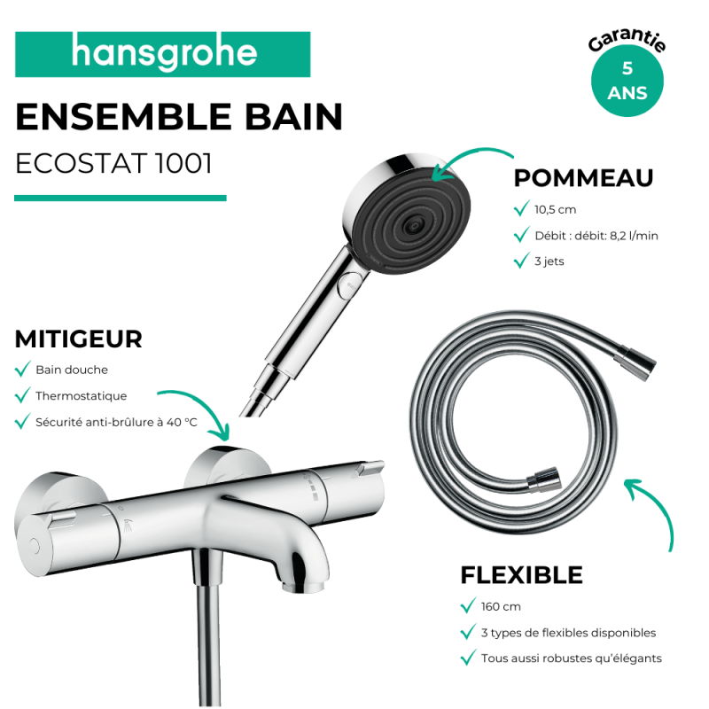 Pack mitigeur bain thermostatique HANSGROHE Ecostat 1001CL + Flexible Isiflex + Pommeau Pulsify Select EcoSmart 105 3jets chromé - 3