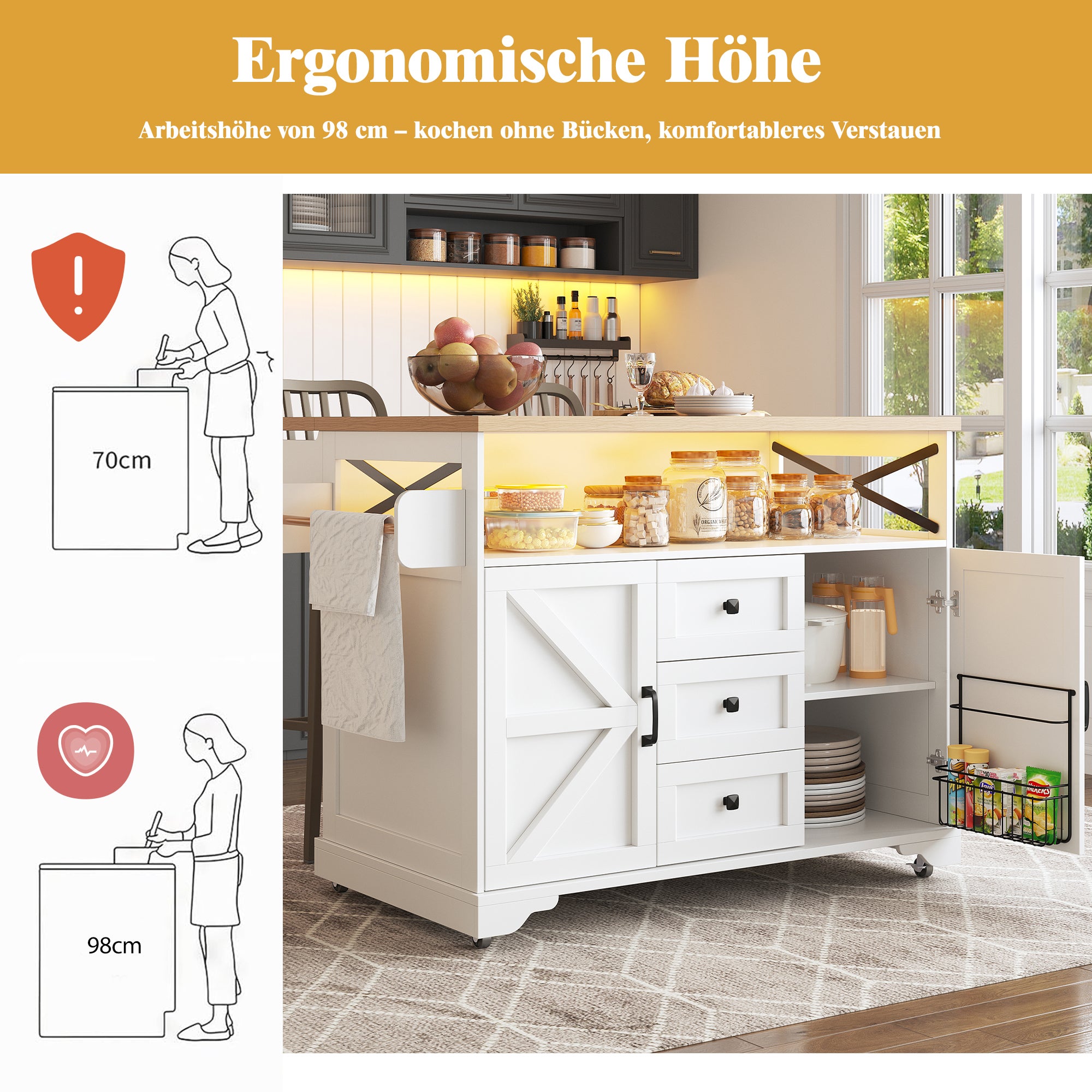 Ilot central de cuisine avec Table Rabattable - 120x43-71x98 cm, Buffet d'Îlot avec LED et Rangements,Buffet de cuisine avec Porte-Snacks et 3 Tiroirs - 5