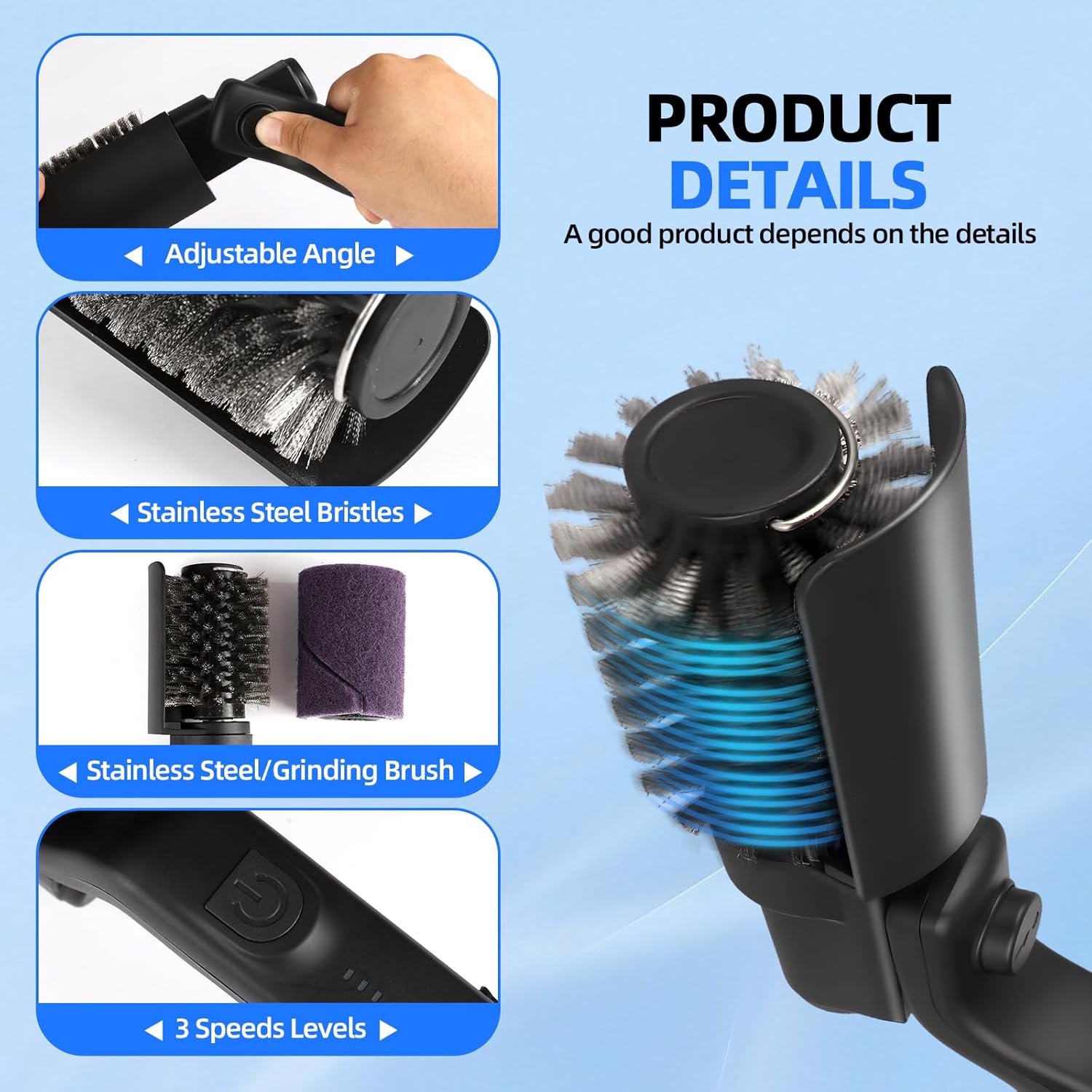 Brosse Électrique pour Barbecue Améliorée, Fonctionnant sur Batterie avec Angle Réglable, Tête en Acier Inoxydable, pour Grilles (Noir) - 4