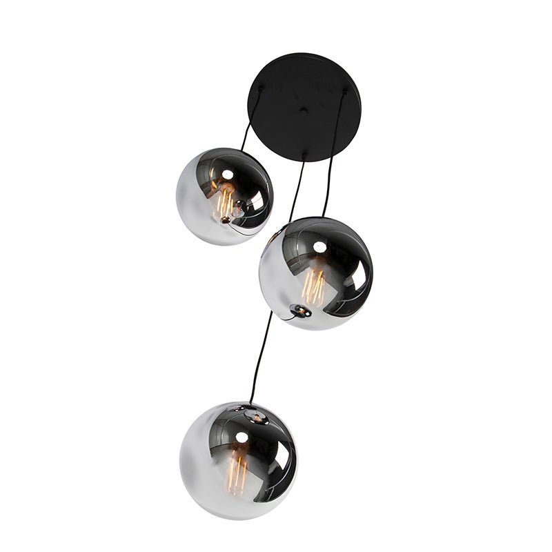 Qazqa art deco lampe suspendue - Pallon - noir et fumé, max. 25w, e27, à 3 lumières, 45cm, idéal pour la salle à manger - 5