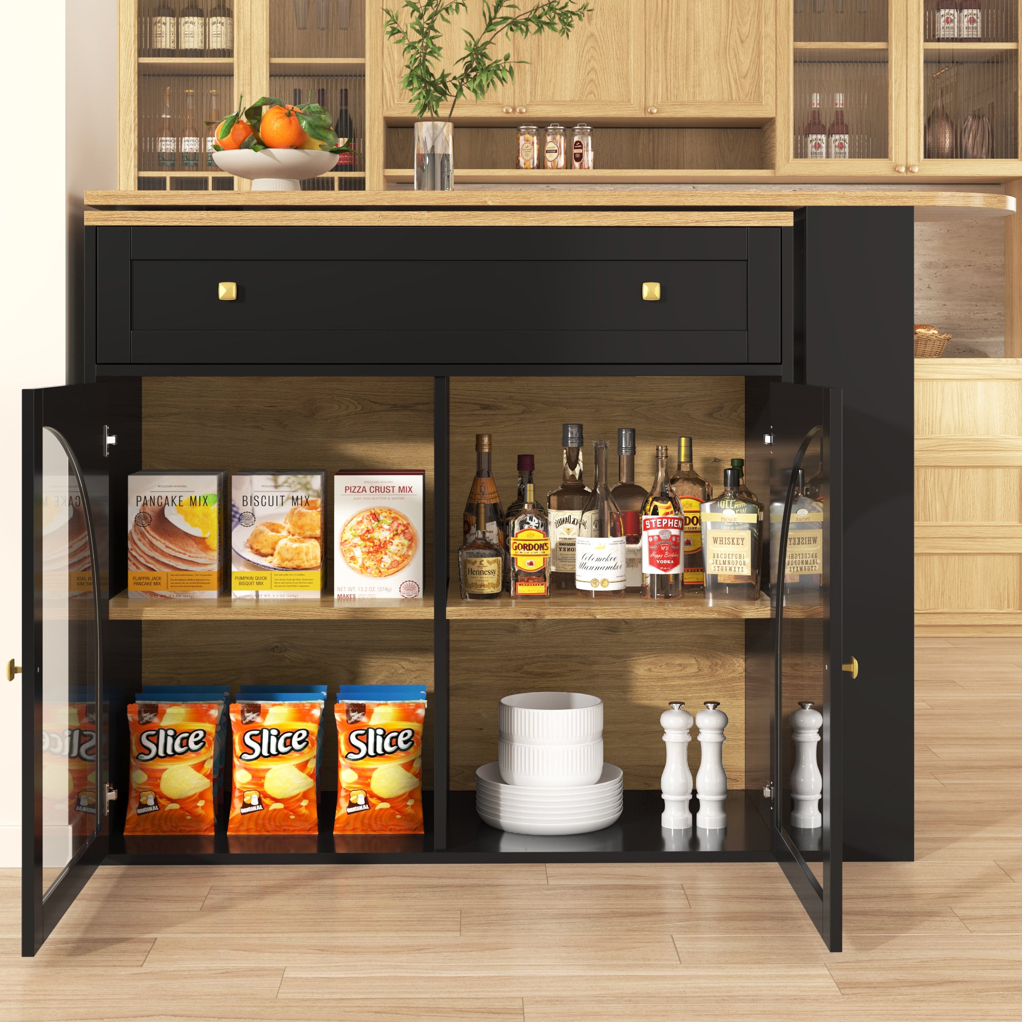Table De Bar LED Rotatif 138-204×39×105 Cm - 2 Portes Coulissantes Compartiment De Rangement 3 Etageres Avec Roulettes Blanc 96813578