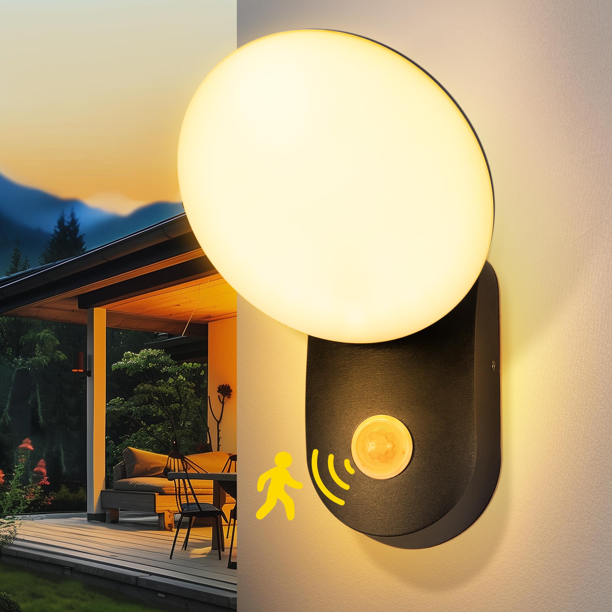 Wodoodporny kinkiet zewnętrzny z czujnikiem ruchu – Aluminiowy kinkiet LED, obracany o 350°, światło ciepłe 3000 K (czarny)