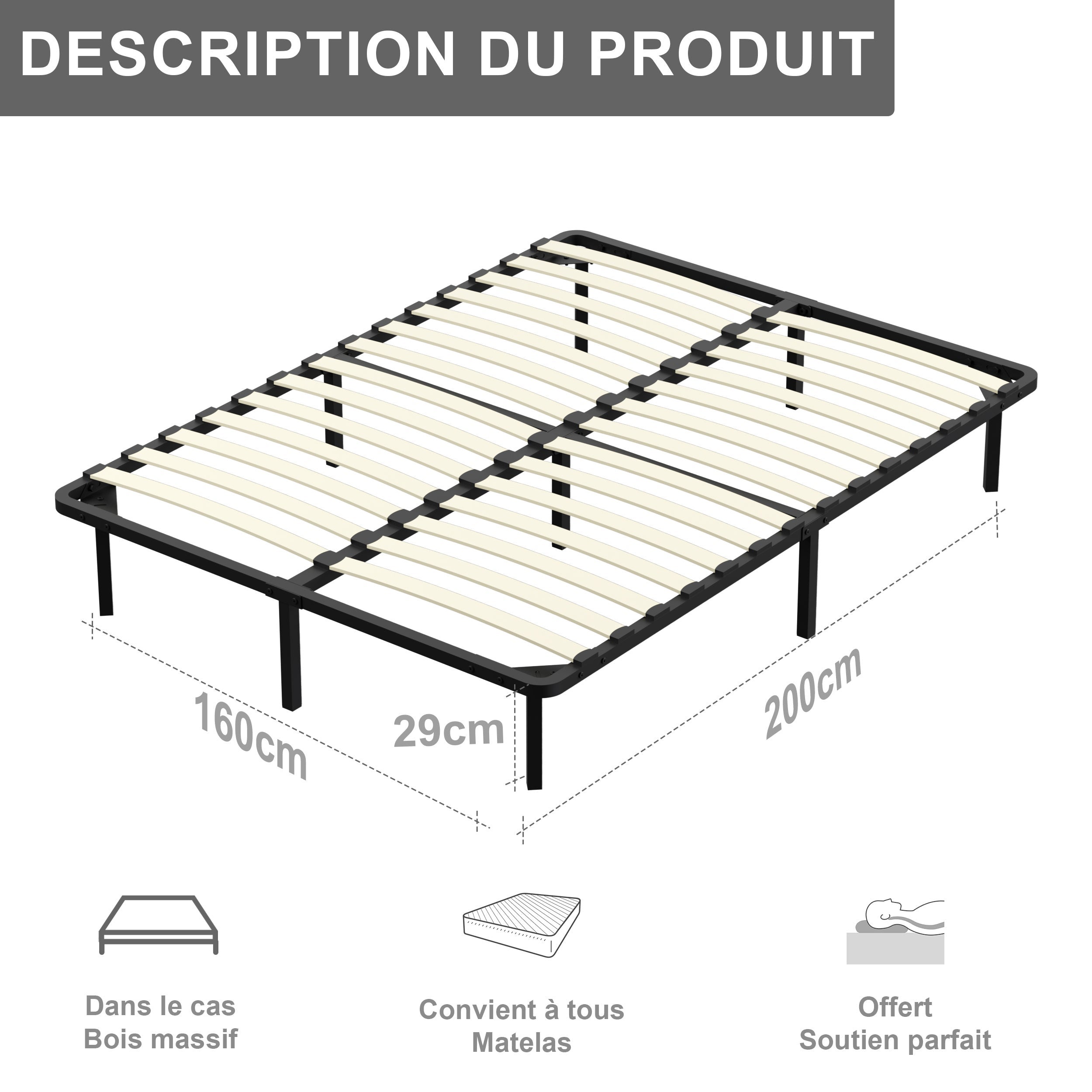STANEW Sommier à Lattes 160x200, 9 Pieds Inclus, Lit 2×14 Lattes - 2