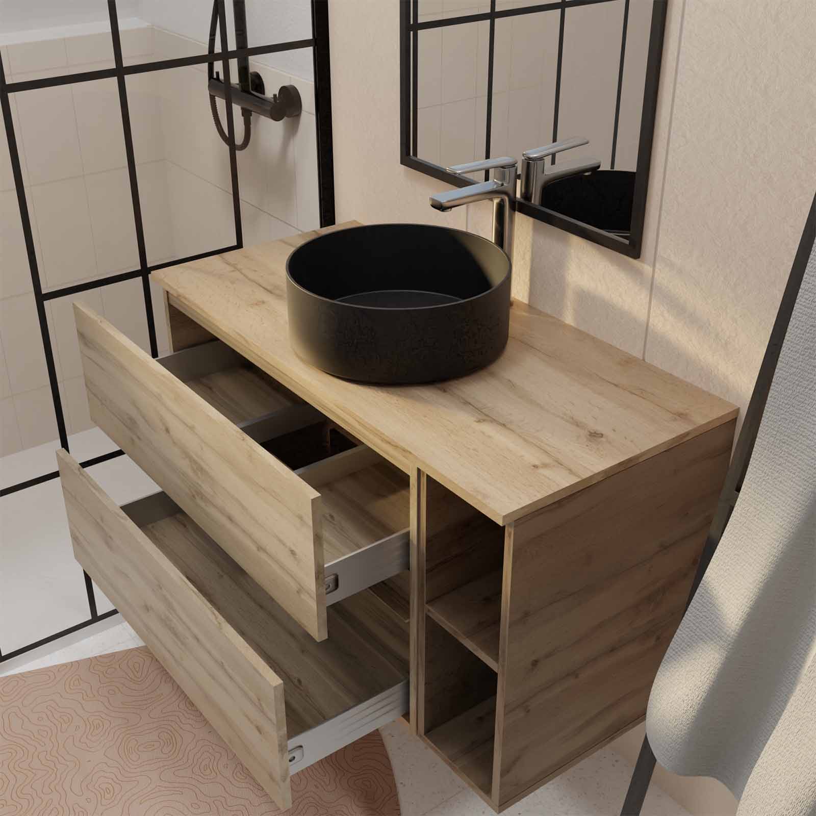 Meuble salle de bains 100 TIMBER Décor Chêne Tiroirs + Niches - Vasque Noire - Miroir Bords Noirs - 2