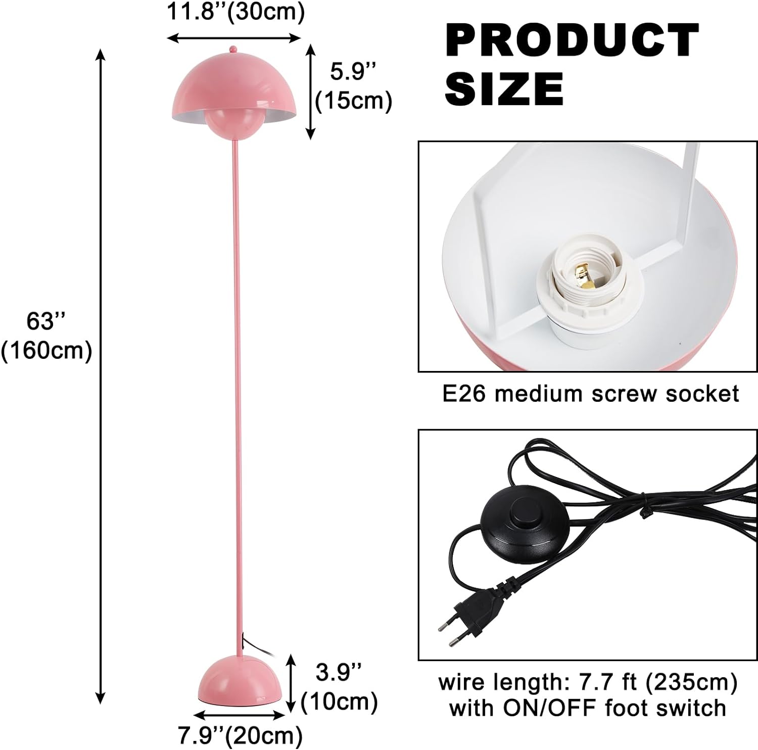Lampe de Sol de Design Nordique Rose et Base Parabolique Douille E27 pour Salon, Salle à Manger et Chambre. - 3