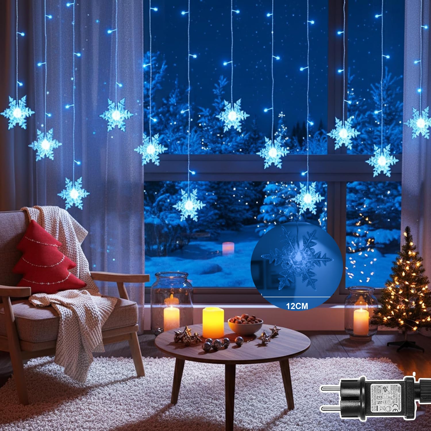2 SZTUKI Kurtyna świetlna z płatkami śniegu, 1,8 m, 94 diody LED, łańcuch świetlny z timerem, 8 trybów świecenia i funkcją pamięci –Niebieski