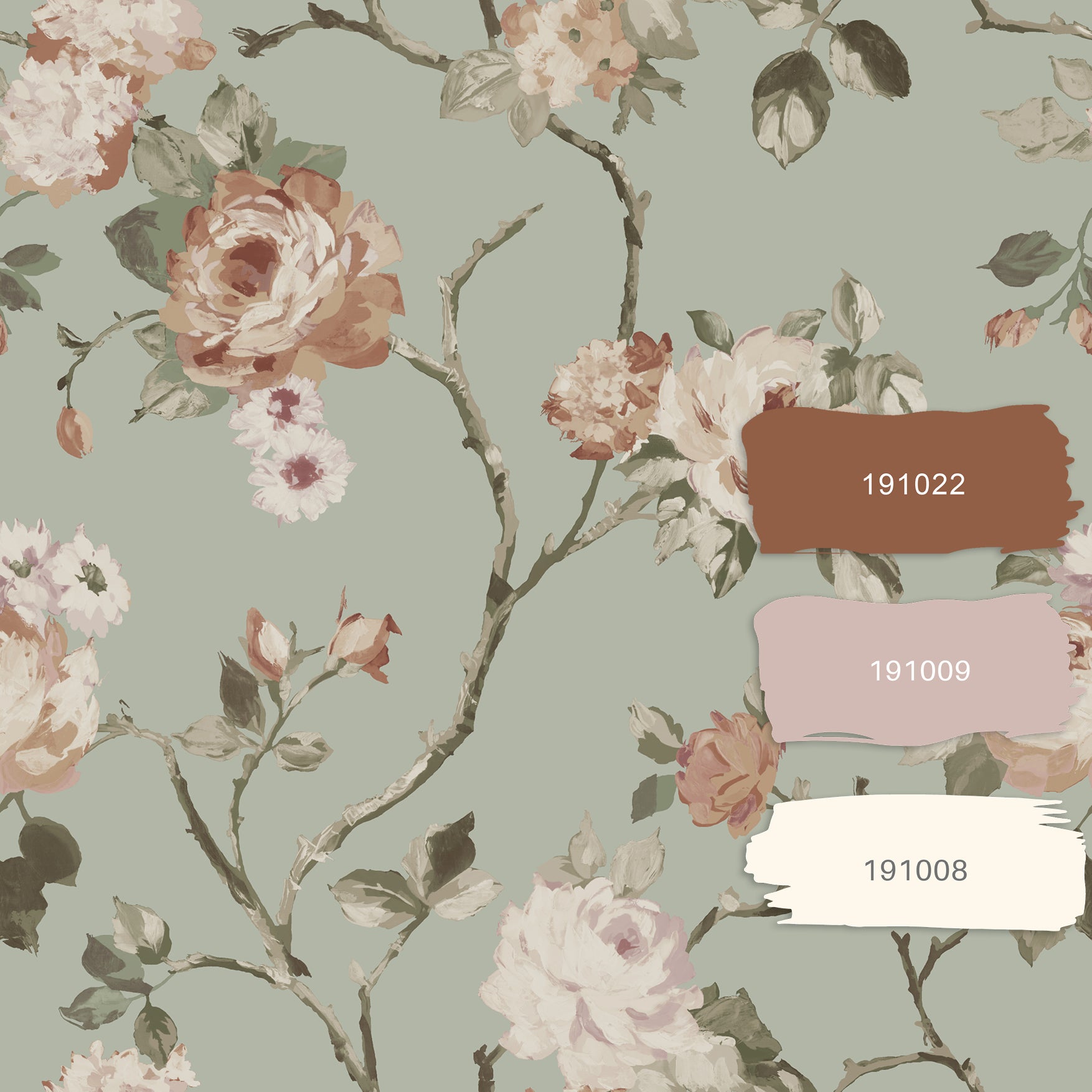 Papel de parede flores vintage verde menta acinzentadoerosa suave - 53 cm x 10.05 m - ESTAhome - 8