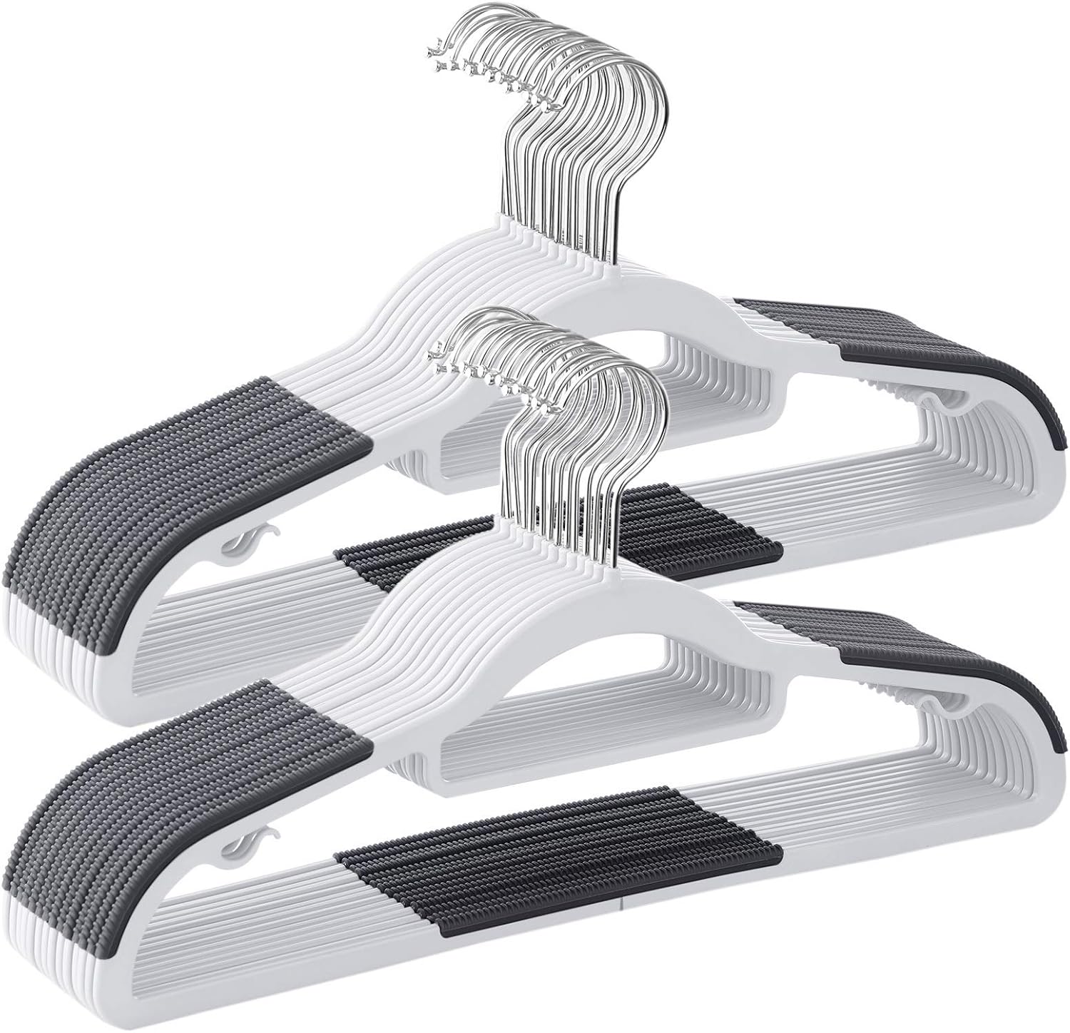 Wieszaki plastikowe, 30 szt., antypoślizgowe, oszczędzające miejsce, grubość 0,5 cm, długość 42 cm, obrotowy hak 360°, kolor srebrny, biały i sza