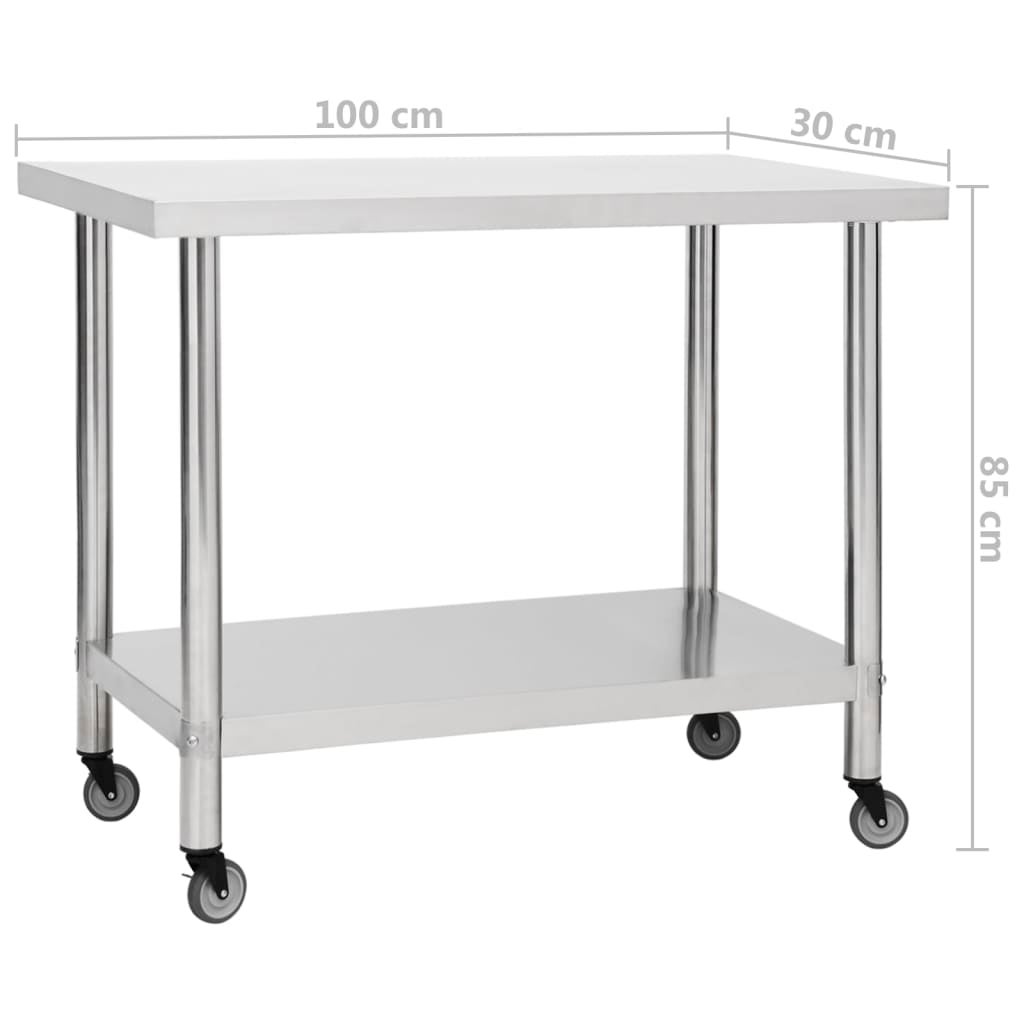 Mesa de trabalho de cozinha c/ rodas aço inoxidável 100x30x85cm CFW288978 - 8