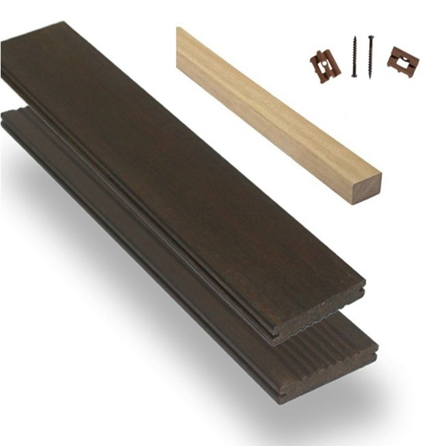 Kit complet terrasse Bambou Moka 20x137x1850mm vec lambourdes EXOTIQUE et clips - couleur AMoka - surface : 25m²