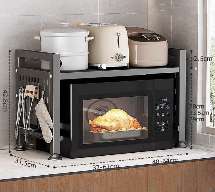 Support micro-ondes extensible multifonction cuisine gris foncé avec double étagère et 6 crochets - 3