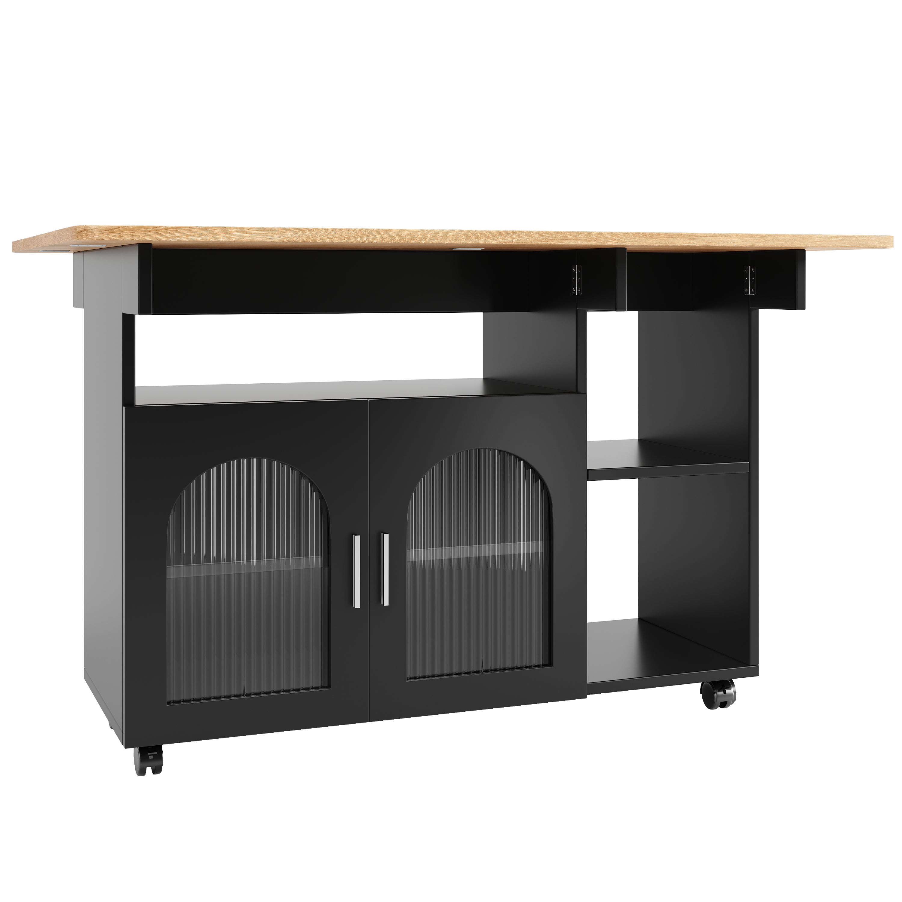 Ilot central de cuisine - chariot à roulette avec plateau extensible - 2 portes et 3 compartiments ouverts - Noir - 7