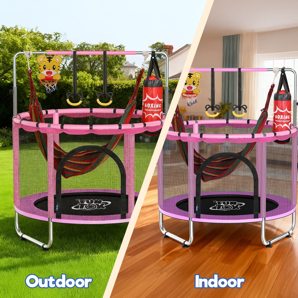 FUNTOK Trampolín Infantil 140 cm con Columpio, Anillas de Gimnasia ...