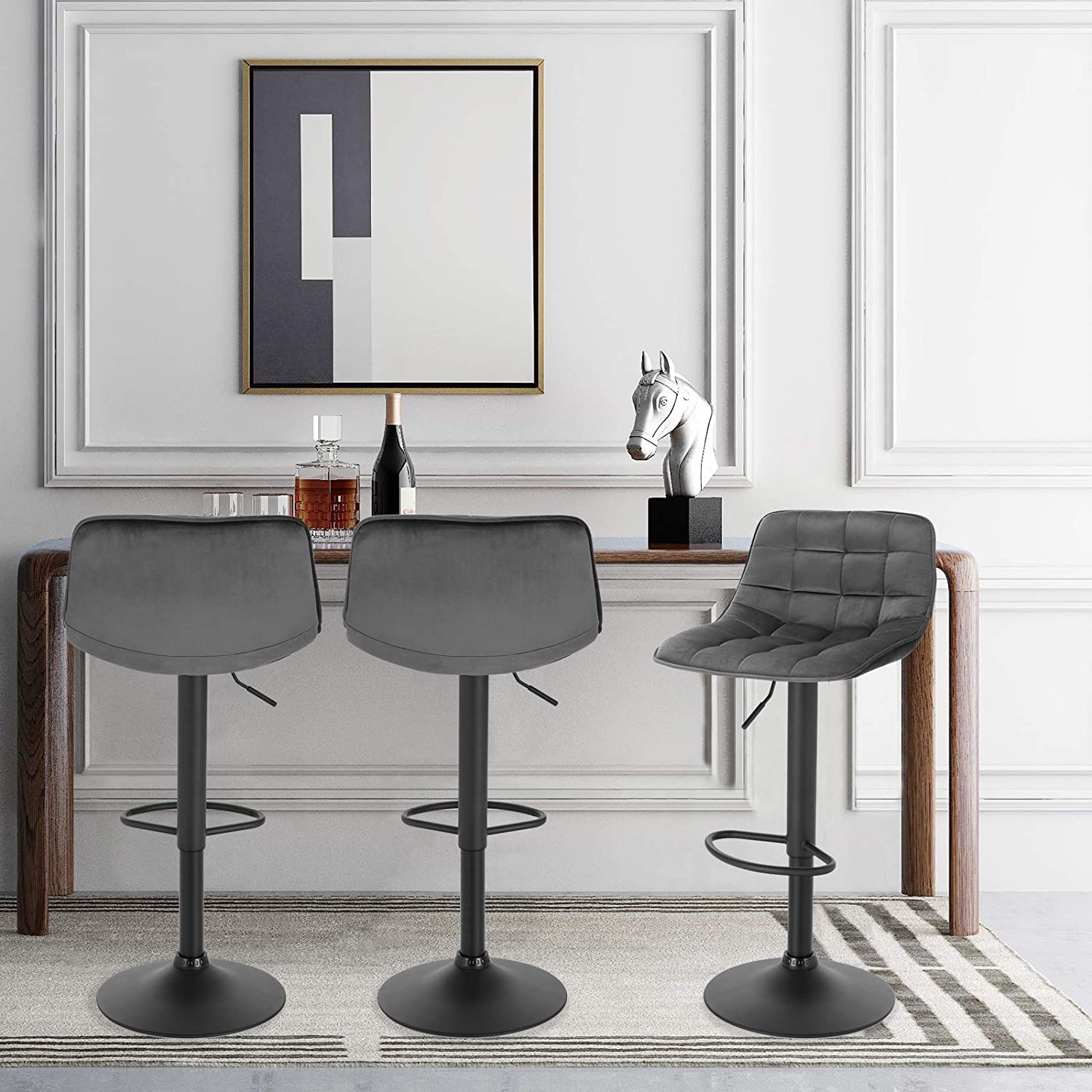 WOLTU 1 X Tabouret de Bar en velours et métal. Chaise de comptoir réglable en Hauteur et Rotatif. Gris Foncé - 4