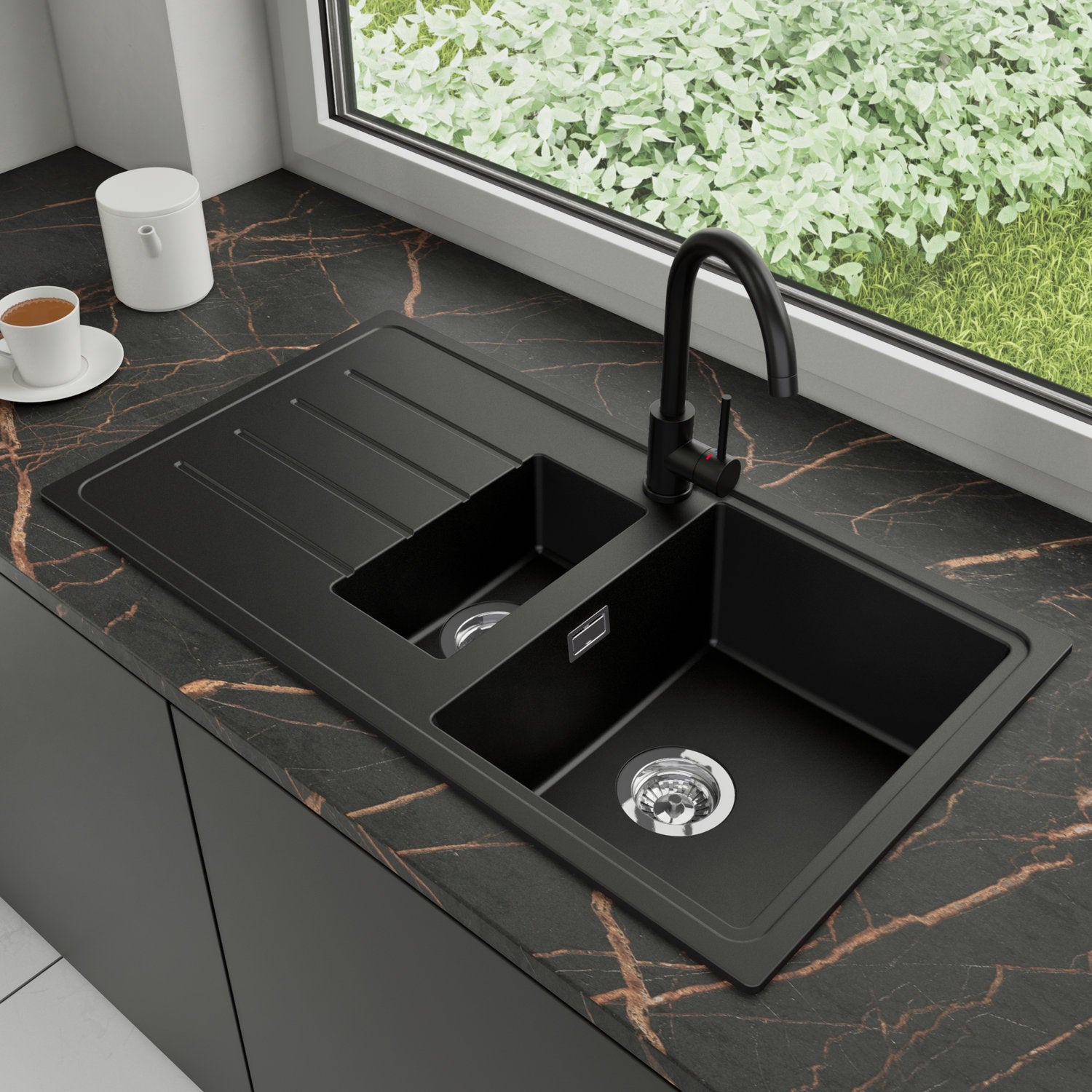 Zlewozmywak Granitowy 90x50cm, do szafki od 60cm + Bateria + Syfon - Ametyst Czarny STONESTYLE