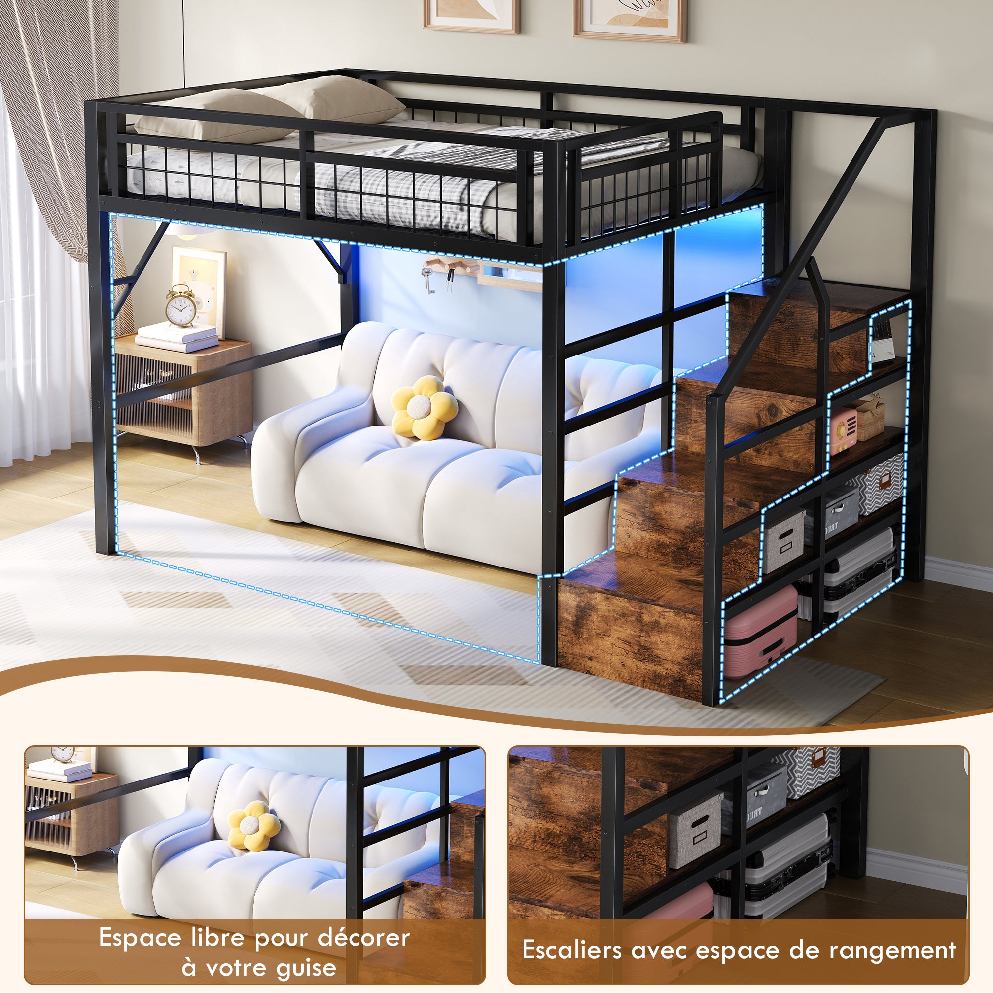 Lit mezzanine 140 x 200 cm cadre métal avec éclairage LED, escalier avec rangement intégré, espace libre aménageable dessous, sans matelas, noir - 3
