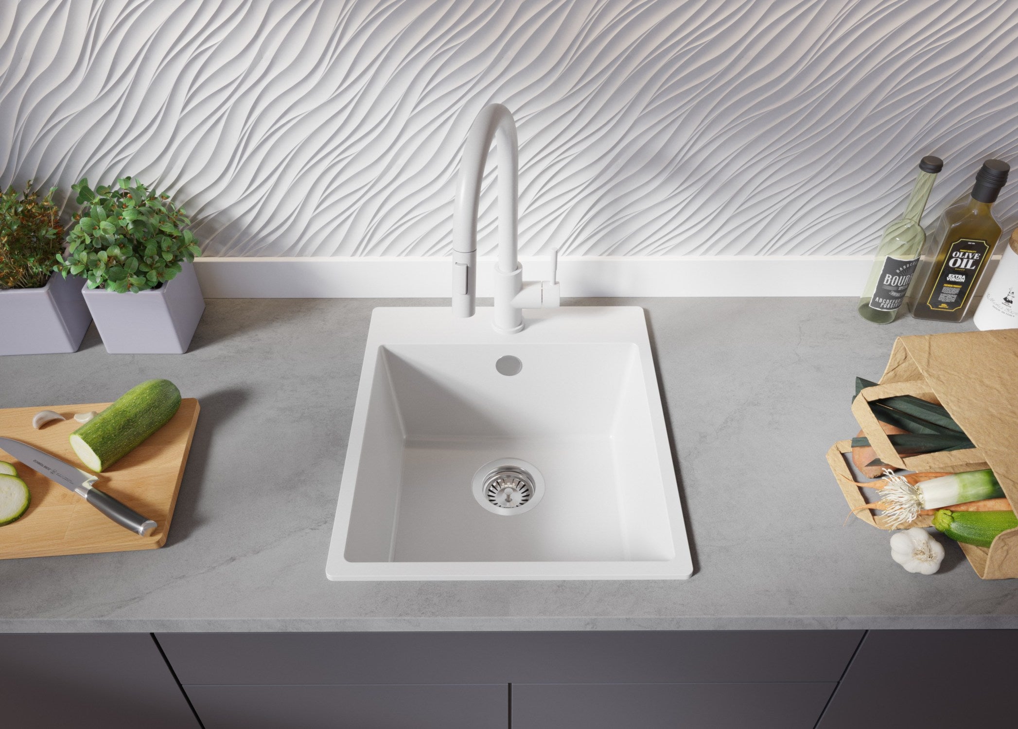 Lavello da Cucina Bianco 43x50cm, Lavandino in Granito a 1 vasca + Sifone Classico, Lavabo da Cucina Incasso al mobile 45cm - Riga PRIMAGRAN - 4