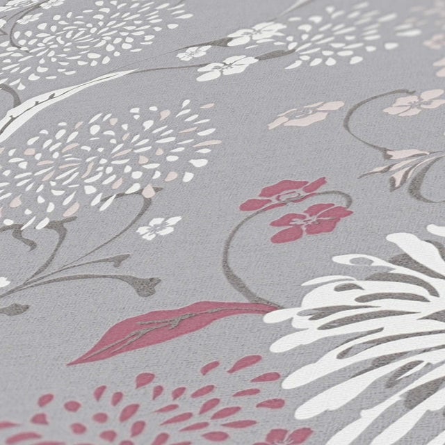 Papier peint fleurs gris, blanc, rouge et lilas violet - 53 cm x 10.05 m - Livingwalls