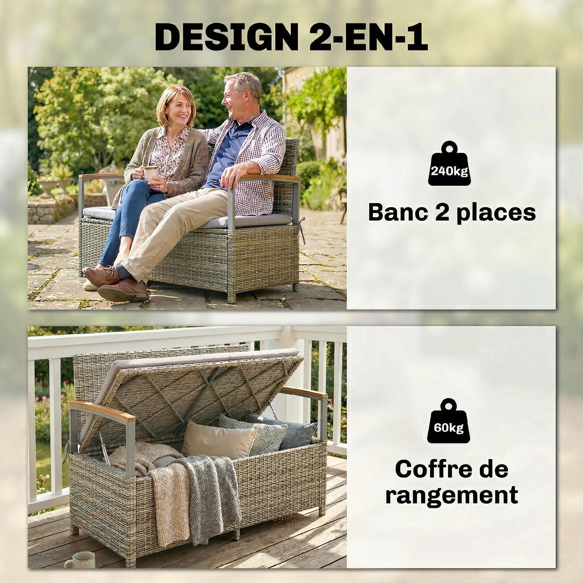 Banc de Jardin Banquette avec Coffre de Rangement 170L 2 Places Coussin Déhoussable Résine Tressée 120x60x84cm Gris - 6