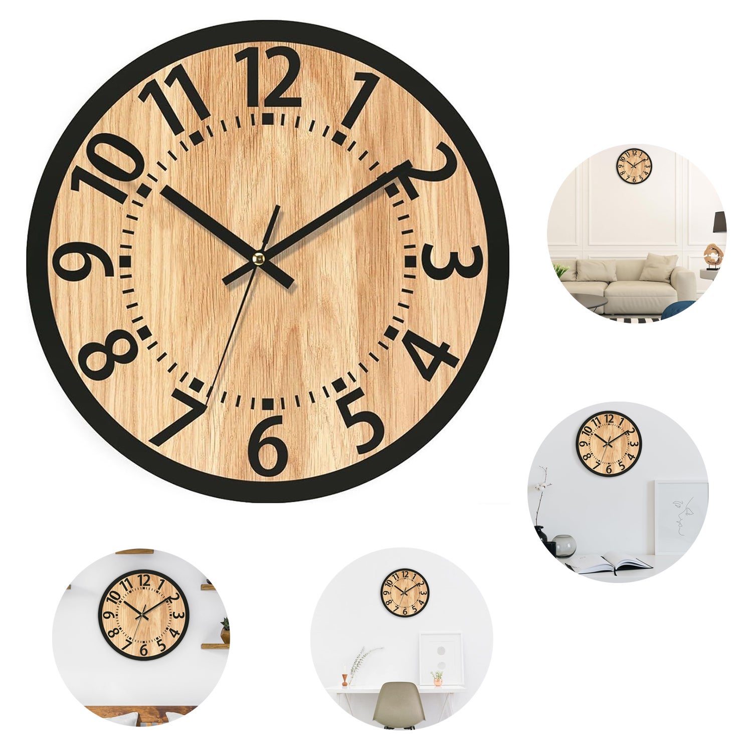 Reloj de pared de madera 34x34 cm, diseño minimalista, silencioso y elegante para salón y oficina - 5