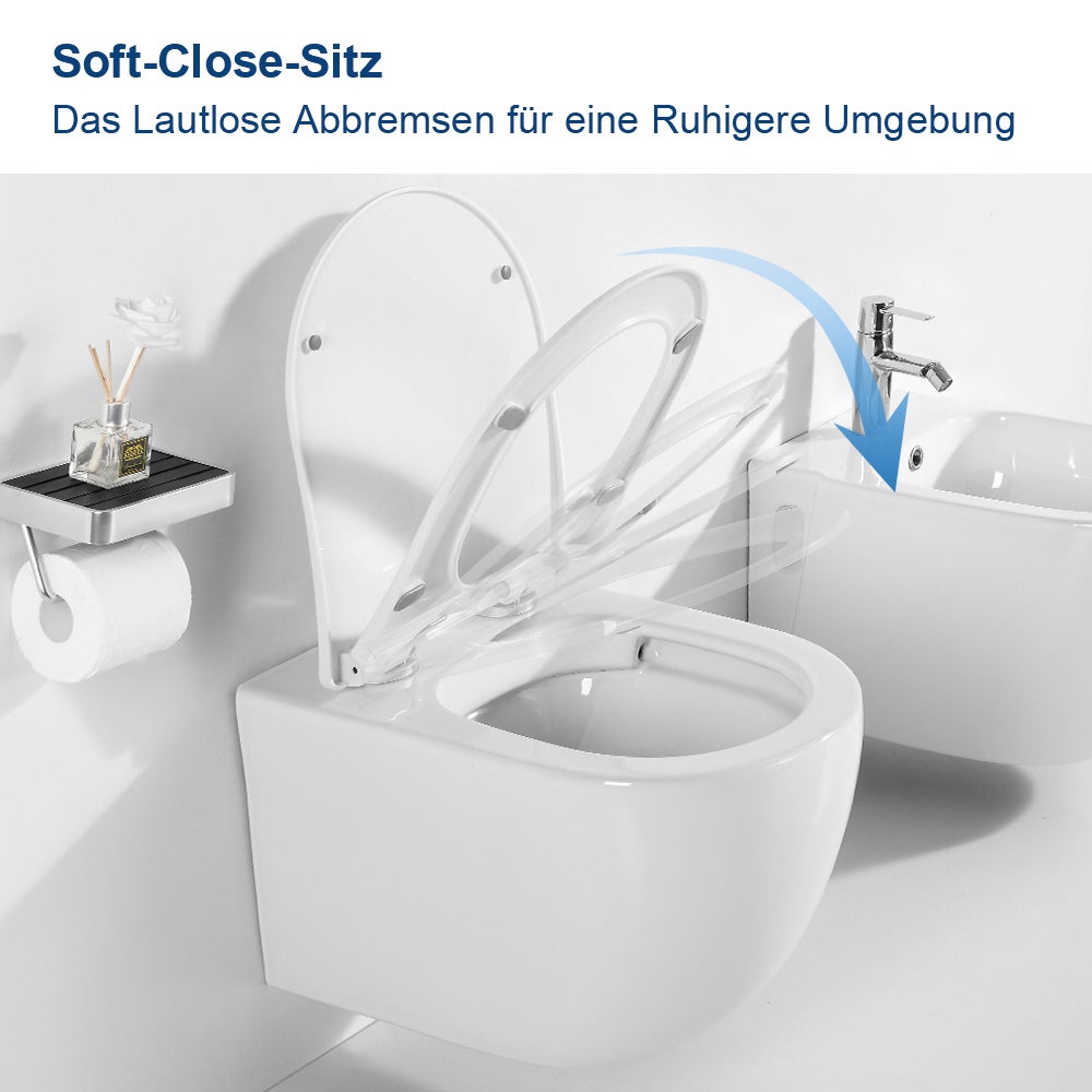 Toilettes suspendues, double chasse d'eau, toilettes suspendues en céramique blanche avec mécanisme de fermeture amortie et abattant amovible HOROW - 5