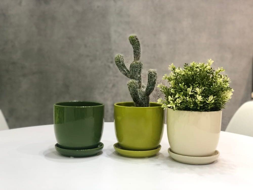 Pot de Fleurs, en Céramique, Pour Fleurs, Plantes, Diamètre : 13 cm, Avec Bac d'Égouttement, Vert - KOTARBAU - 3