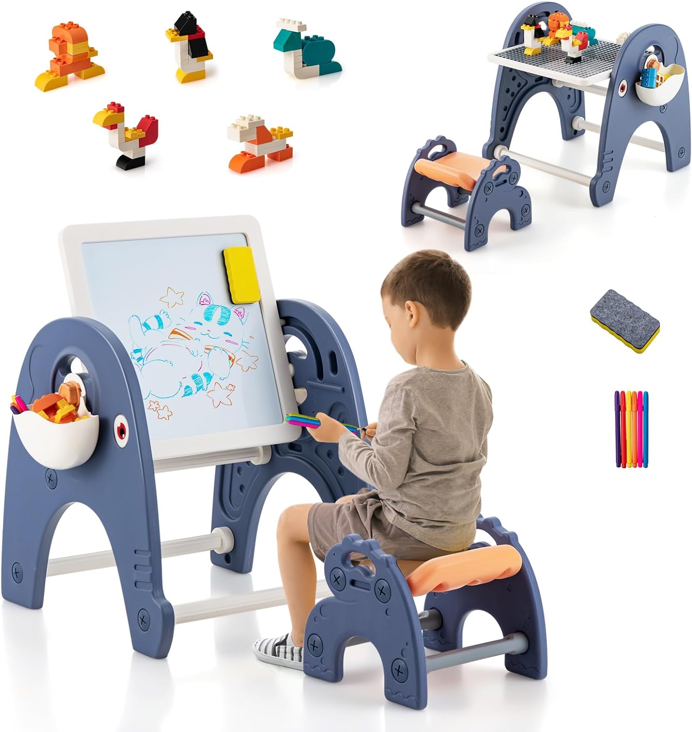 Table Pour Enfant 5 En 1 LZQ Avec Chaise - Plateau Double Face Et 163 Blocs - Table D'Activités Multifonction Avec Rangement