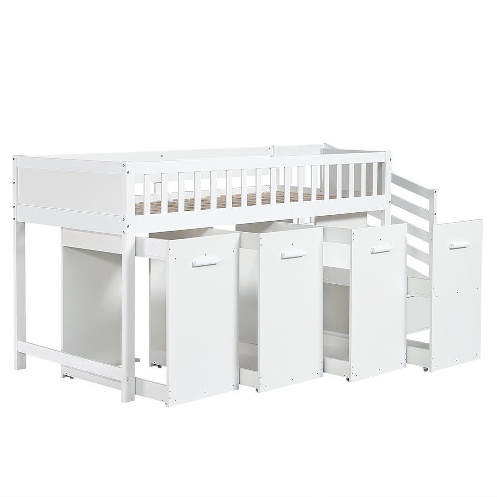 Lit superposé pour enfants 90x200 cm , lit multifonctionnel avec garde-corps, bureau/penderie/armoire avec 2 armoires de rangement, pin + MDF, blanc - 7