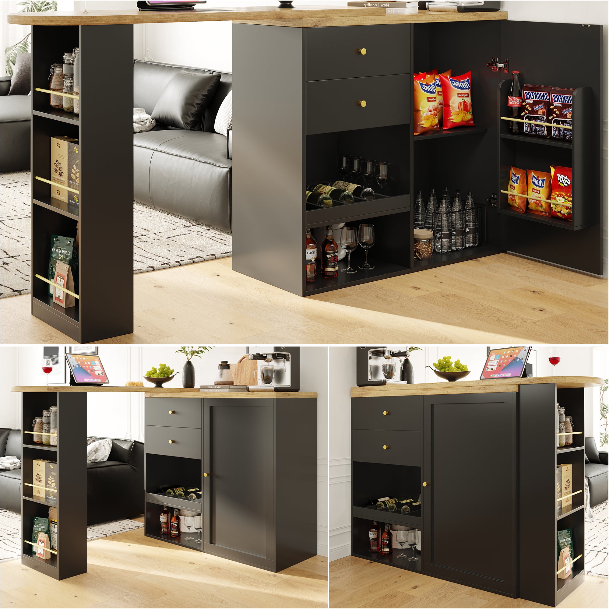 Obrotowa szafka barowa - jedne drzwi, 2 szuflady, 3 półki i 2 wnęki - blat z płyty MDF imitującej drewno - 138 cm/105x39x102 cm - czarna