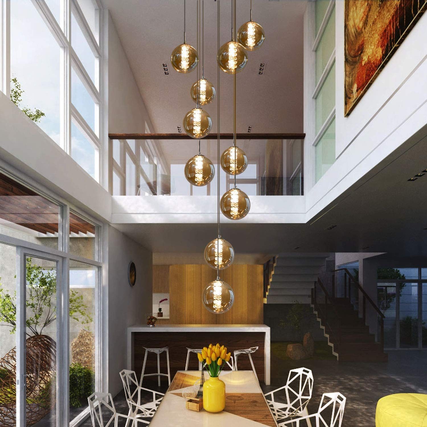 NETTLIFE Suspension table de salle à manger Suspension réglable en hauteur Lustre Suspension à 10 flammes en verre - 2