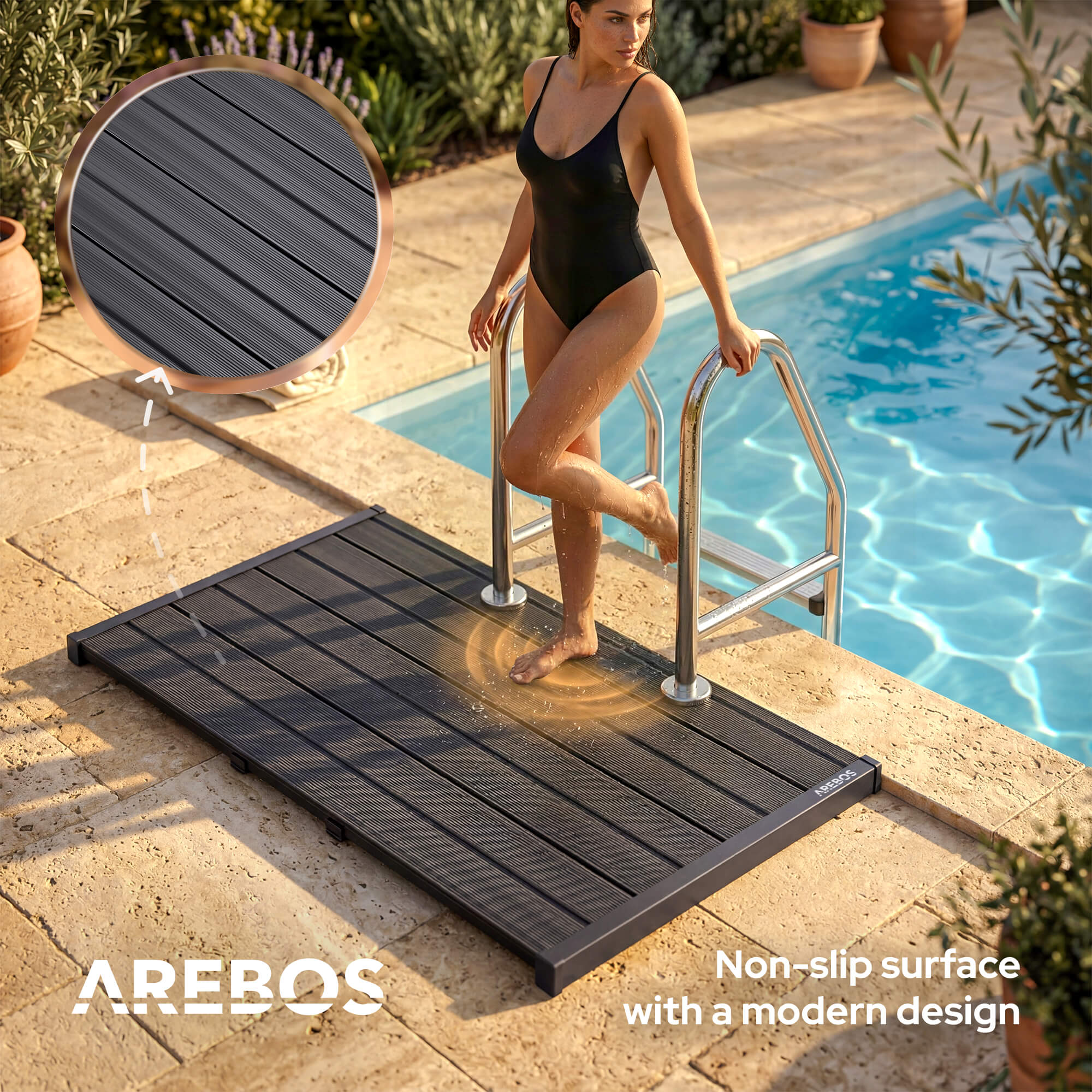 AREBOS dalle de sol pour douche de jardin | antidérapante et hydrofuge | dalle en PVC, résistante aux intempéries et stable - 5
