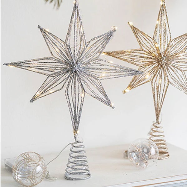 Decoração de floco de neve prateado de 24 cantos, 20 LEDs, topper de árvore de Natal, topper de árvore de floco de neve, luz quente - 3