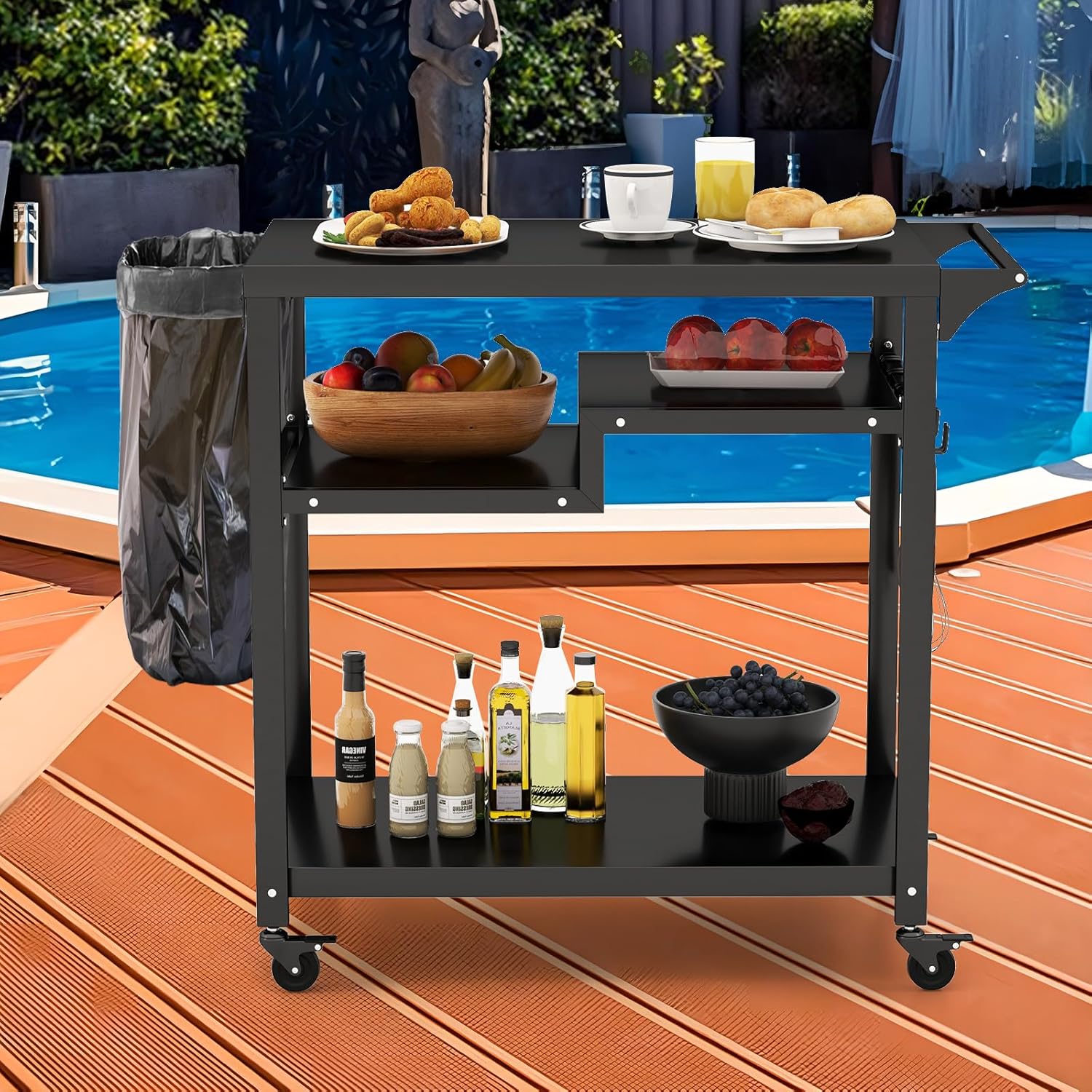 Carrello Barbecue da Esterno, Carrello BBQ Portatile con 3 Ripiani, 4 Ruote Bloccabili, Ganci, Maniglia Laterale, per Cucina Giardino - 9