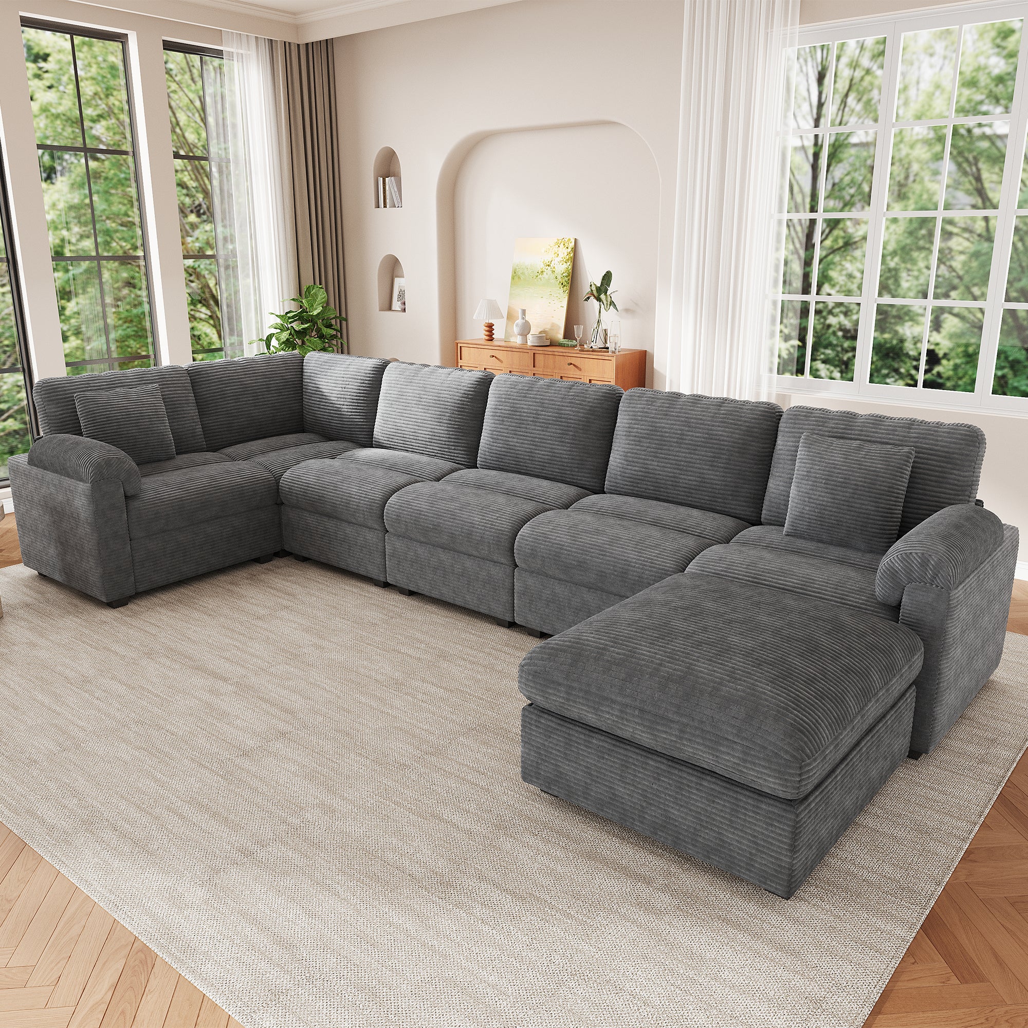 Canapé d’angle modulable 7 places 274,5x210,5x85,5 cm avec pouf + coussins, grand canapé salon, tissu velours côtelé, gris - 2