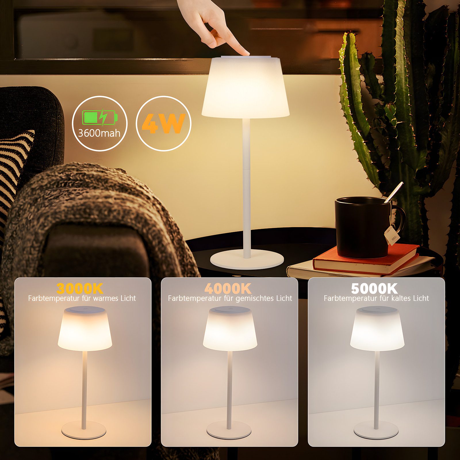 NETTLIFE Abajur de mesa sem fio, abajur de cabeceira com bateria LED com controle de toque e bateria recarregável USB branca de 3600 mhA - 2