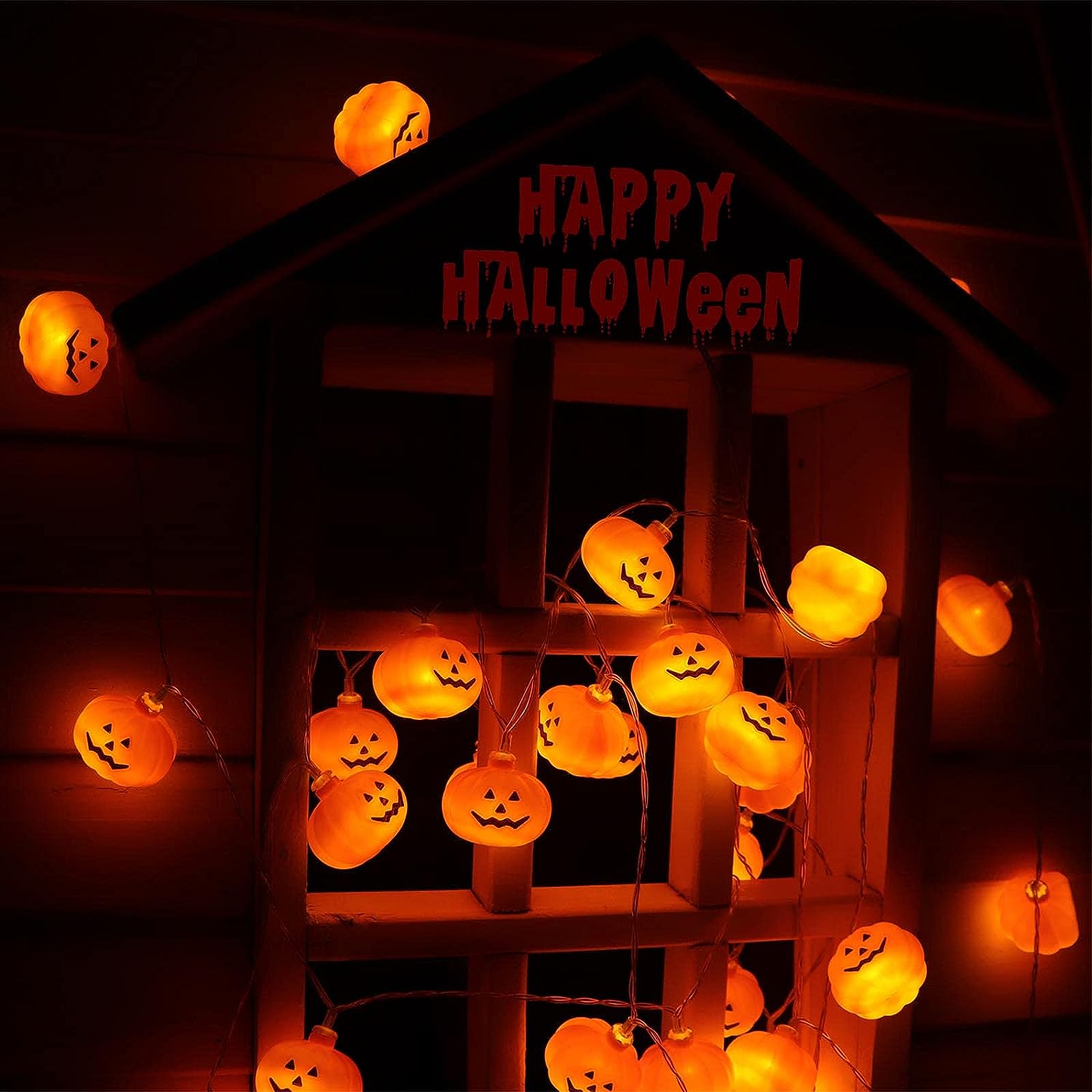 Luzes de corda de abóbora de Halloween, 30 LED 3M 8 modos 3D Jack-O-Lantern Luzes decorativas cintilantes operadas por bateria para áreas externas - 5