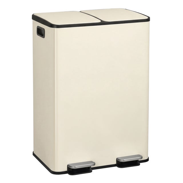 Poubelle de Cuisine, 2 x 30 Litres, 2 Compartiments, Poubelle à Pédale, Couvercle à Fermeture Douce, Acier, Crème