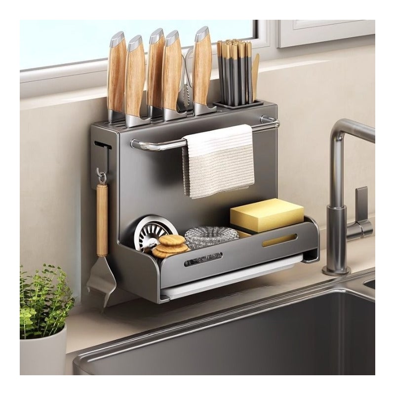 Stojak na noże kuchenne, uchwyt do przechowywania noży i pałeczek, bez wiercenia, montowany na ścianie, z tacką ociekową – 28,7 × 21 × 15 cm – szary