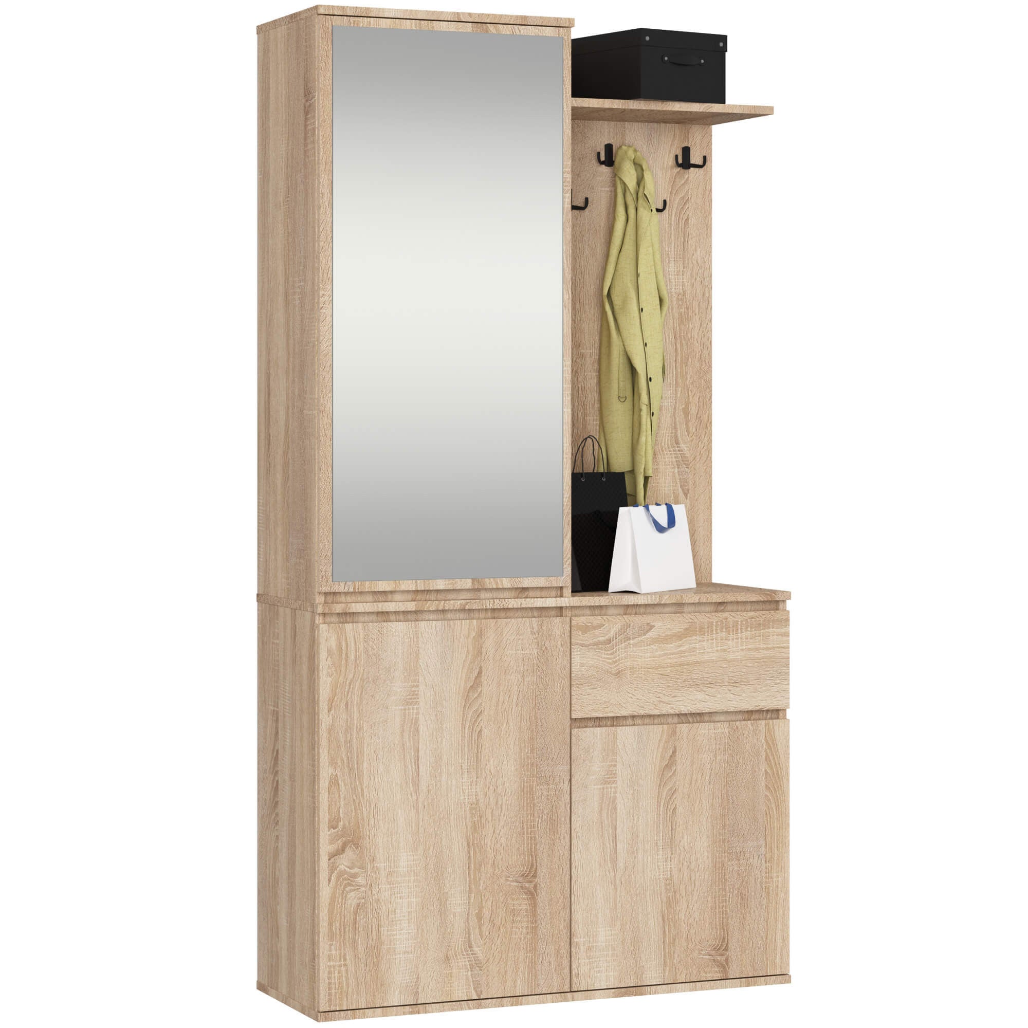 Zestaw do przedpokoju z lustrem AKORD ENTRO Dąb Sonoma 95 cm 1 szuflada 3 drzwi 7 półek 95x35x183 cm