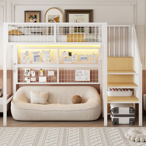 Lit mezzanine 90x200cm, lit enfant avec éclairage LED, escalier de rangement, penderie ouverte, garde-corps en filet, sans matelas, blanc - 3