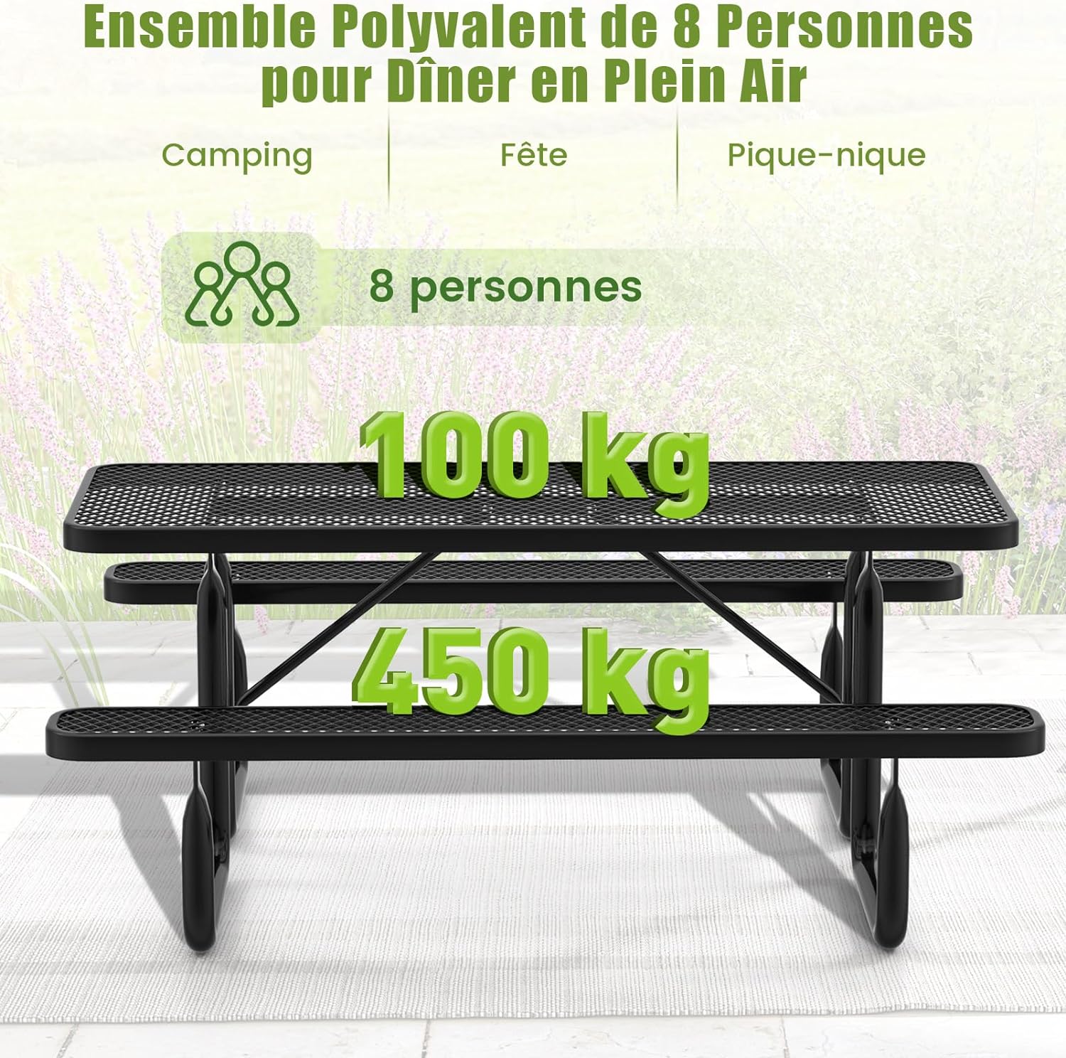 Set Tavolo da Picnic e Panca per 8 Persone, Tavolo da Campeggio Rettangolare da 184 cm e con Sedute e Griglia a Maglia, Tavolo da Esterno per - 6