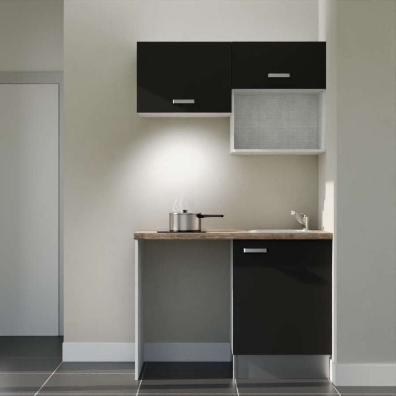 Kitchenette K02L-PT - 120 cm avec plan de travail et évier - Façade Noir - Plan Bois - Evier Inox - Crédences Non - 2