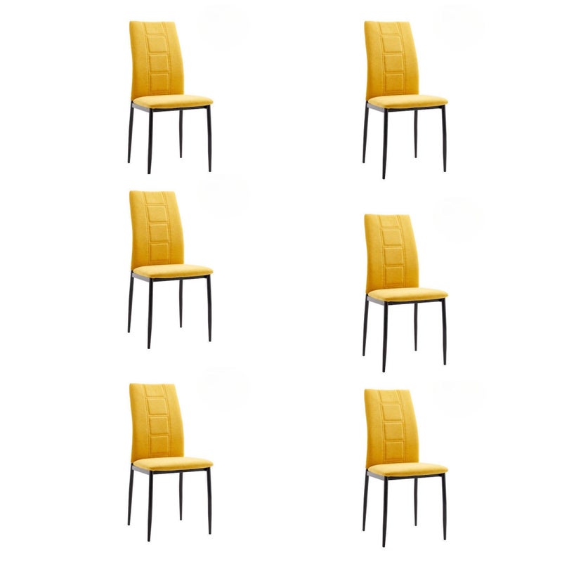 Pakiet 6 krzeseł tapicerowanych musztardową tkaniną z metalowymi nogami w matowej czerni, wzór z geometrycznymi ornamentami, wymiary 44x47x99 cm